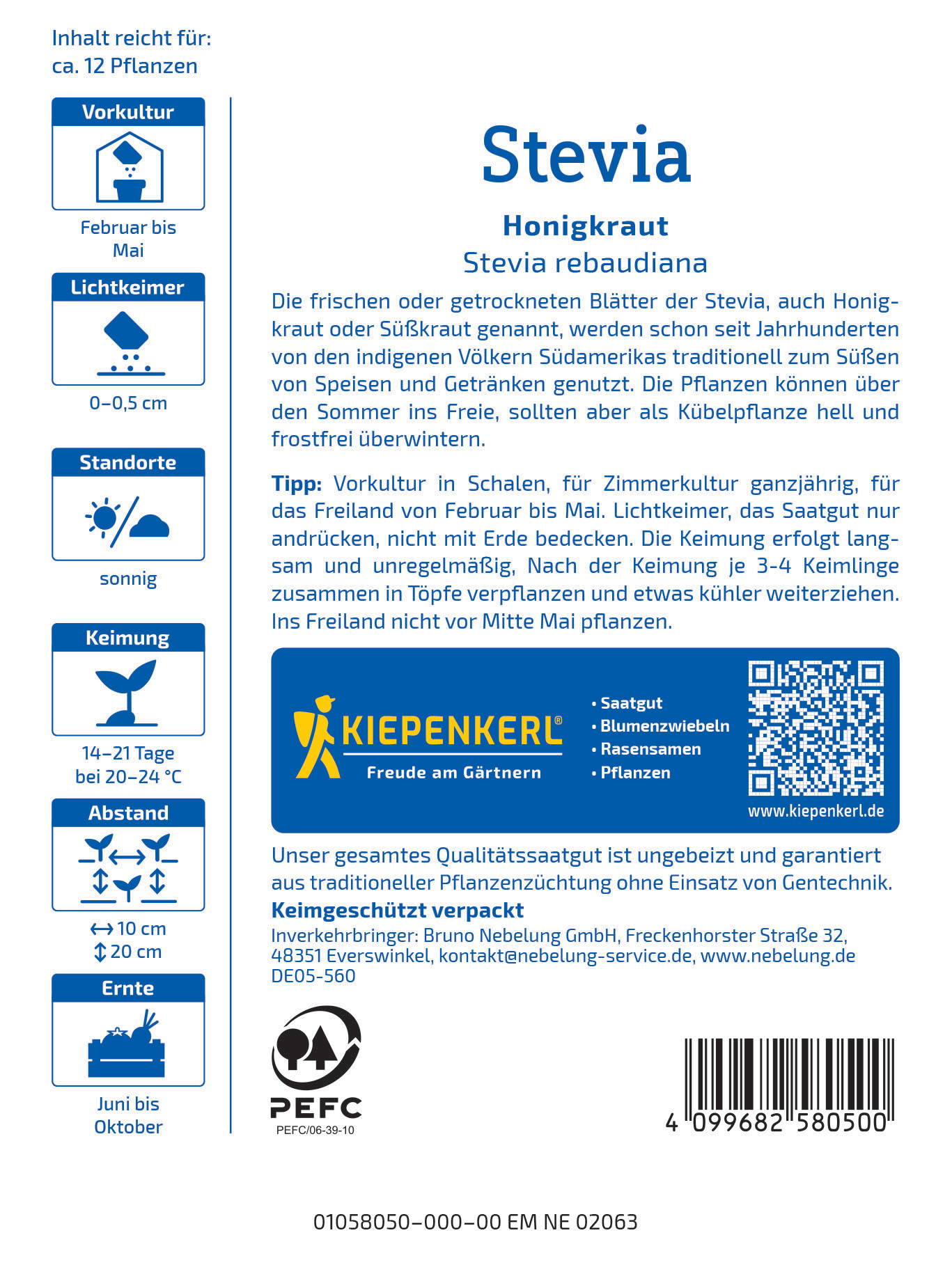 Informationsblatt mit Anbau- und Pflegehinweisen für Stevia, inklusive Logo, QR-Code, Barcode und Kontaktangaben.
