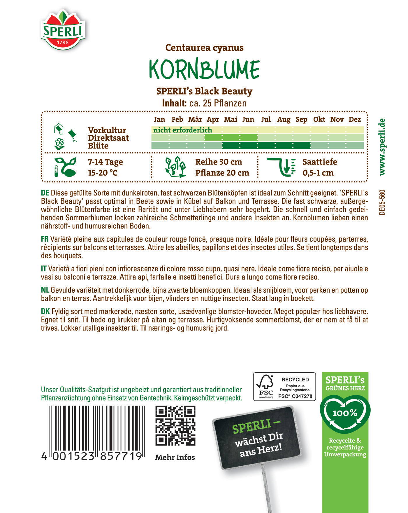 Kornblumen, dunkle Blütenköpfe, ideal für Schnitt, Balkon und Terrasse, blüht im Juli bis Oktober, 15-20 °C, 7-14 Tage.