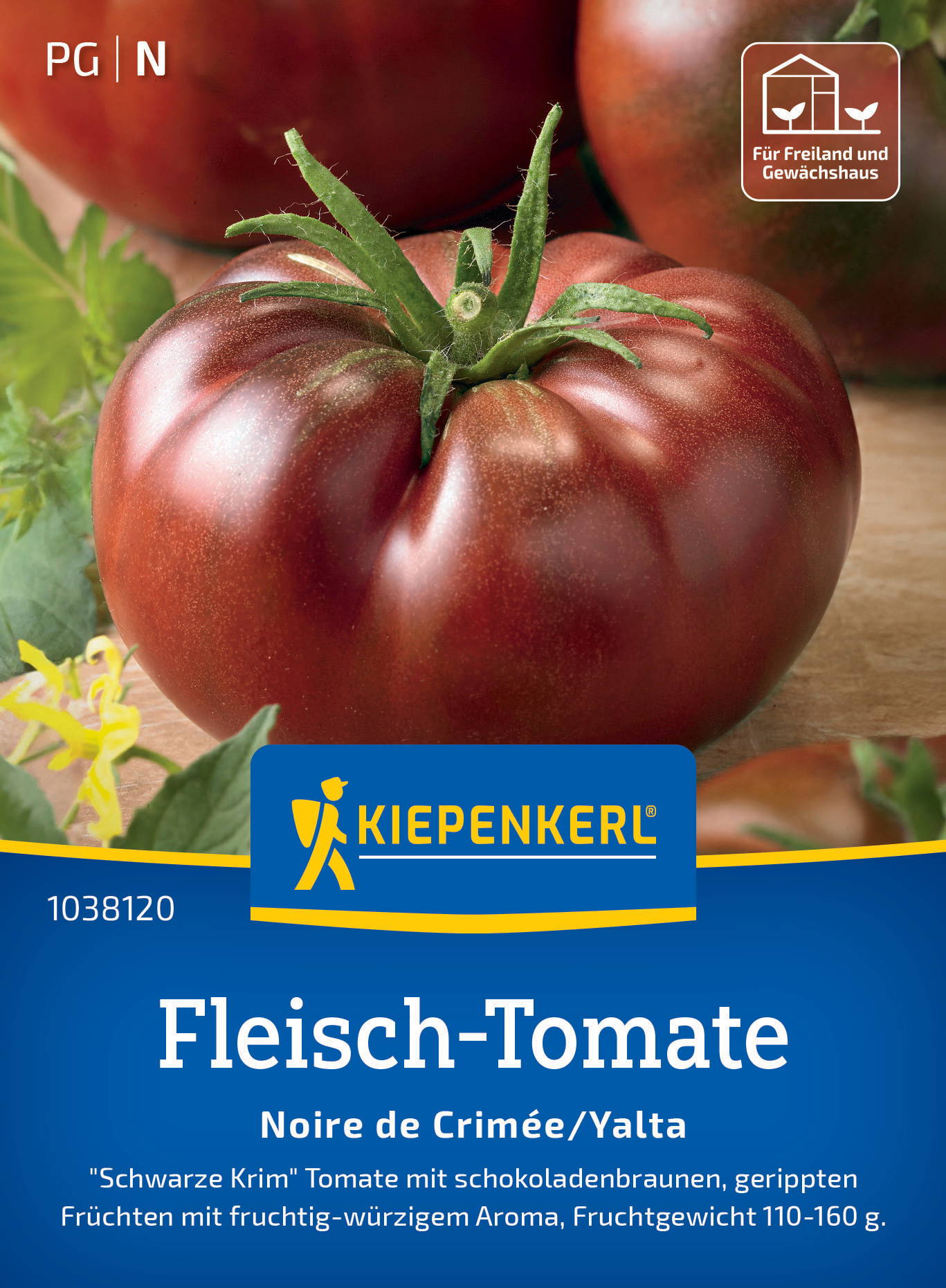 Reife schwarze Tomate mit grünem Stil, auf Holzfläche, Hintergrund unscharf.