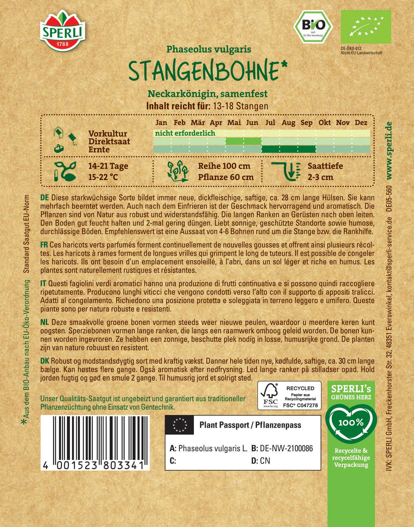 Bunte Bockshornklee-Ansicht mit Produktname, Herkunft, Anbauzeit, Erntezeit, Anzuchtinformationen und Logo.