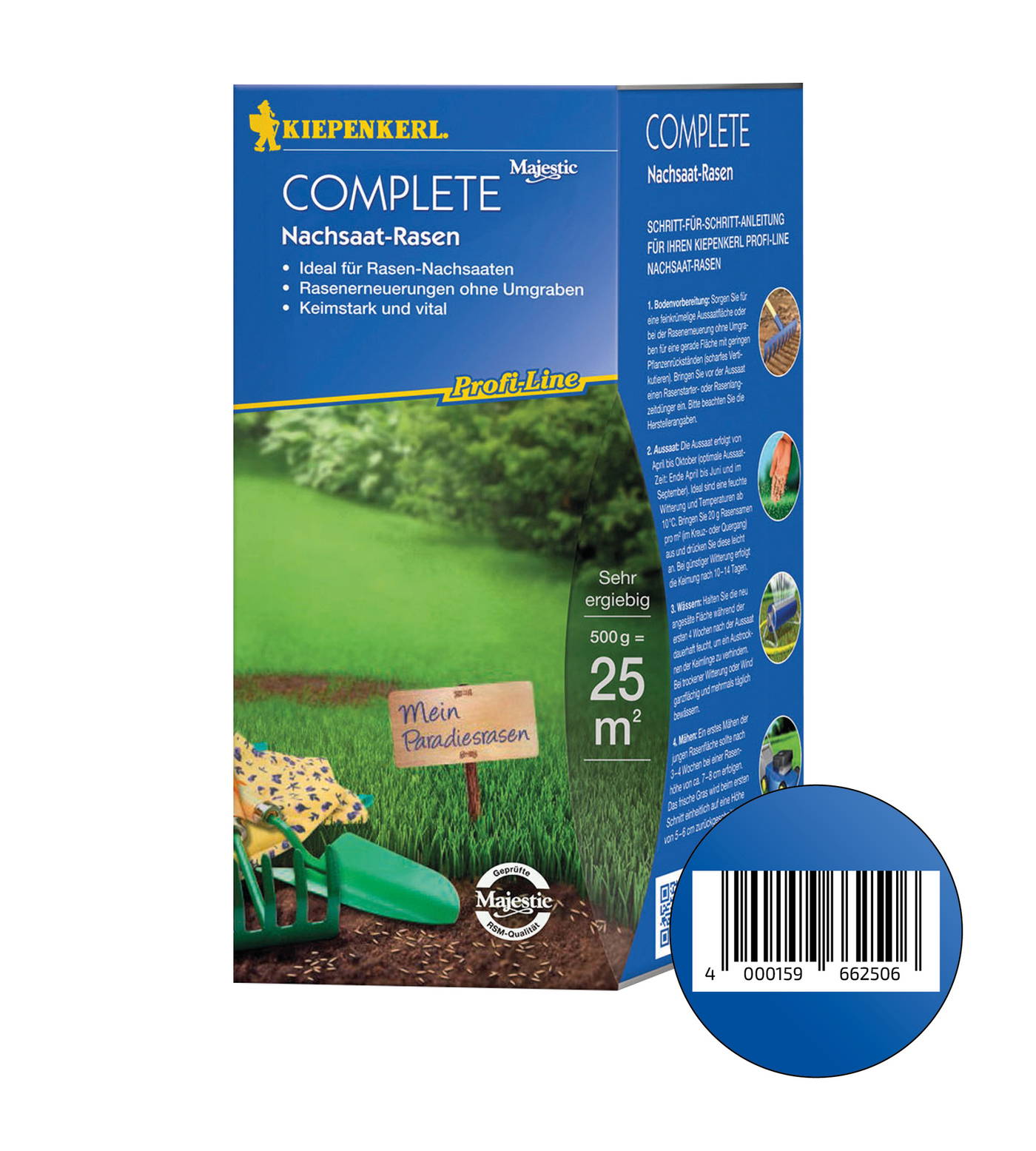 Boden, Rasen, Gartengeräte und Schild mit Aufschrift "Mein Paradiesrasen" vor grüner Wiese.