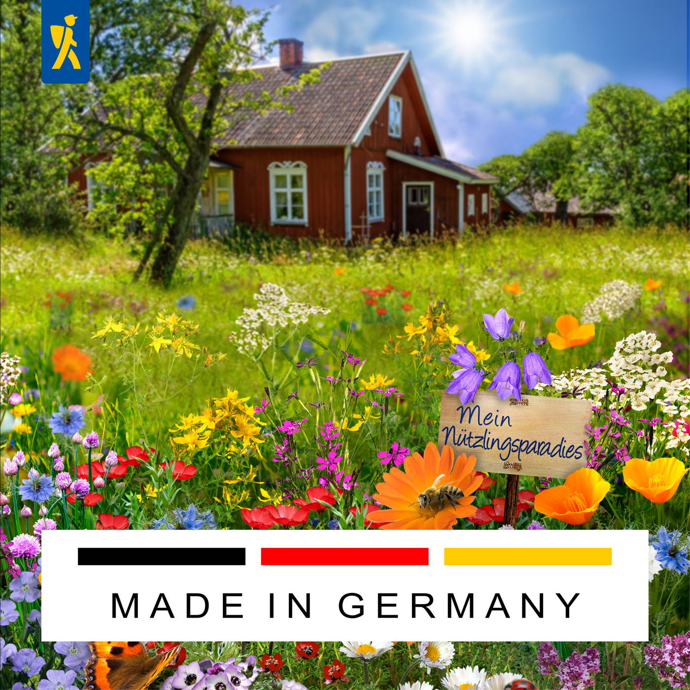 Ein rotes Haus im Grünen, bunte Blumenwiese mit Biene und Holzschild "Mein Nützlingsparadies".