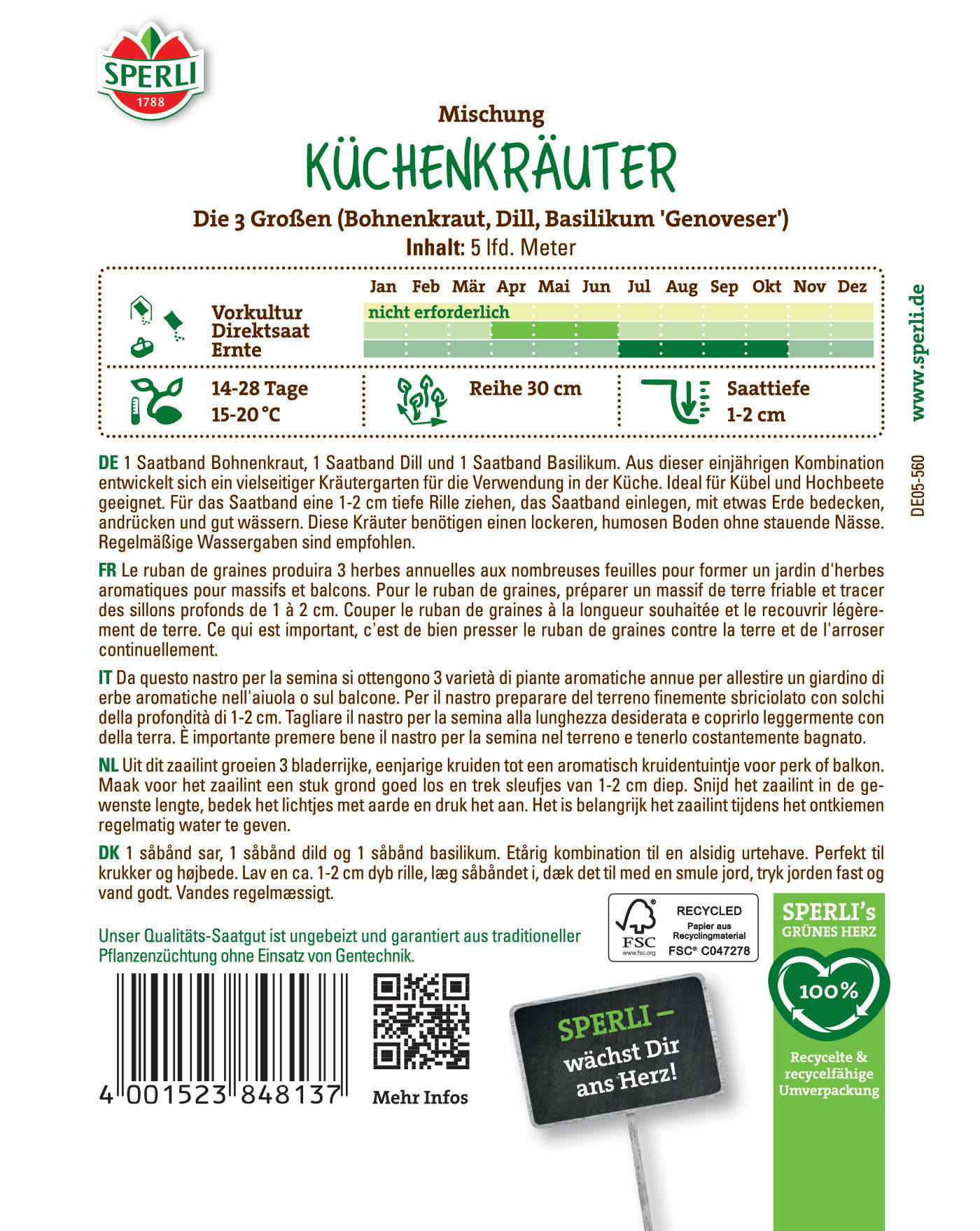 Bunte Verpackung mit grünen Pflanzenetiketten, Barcode, QR-Code und FSC-Logo.