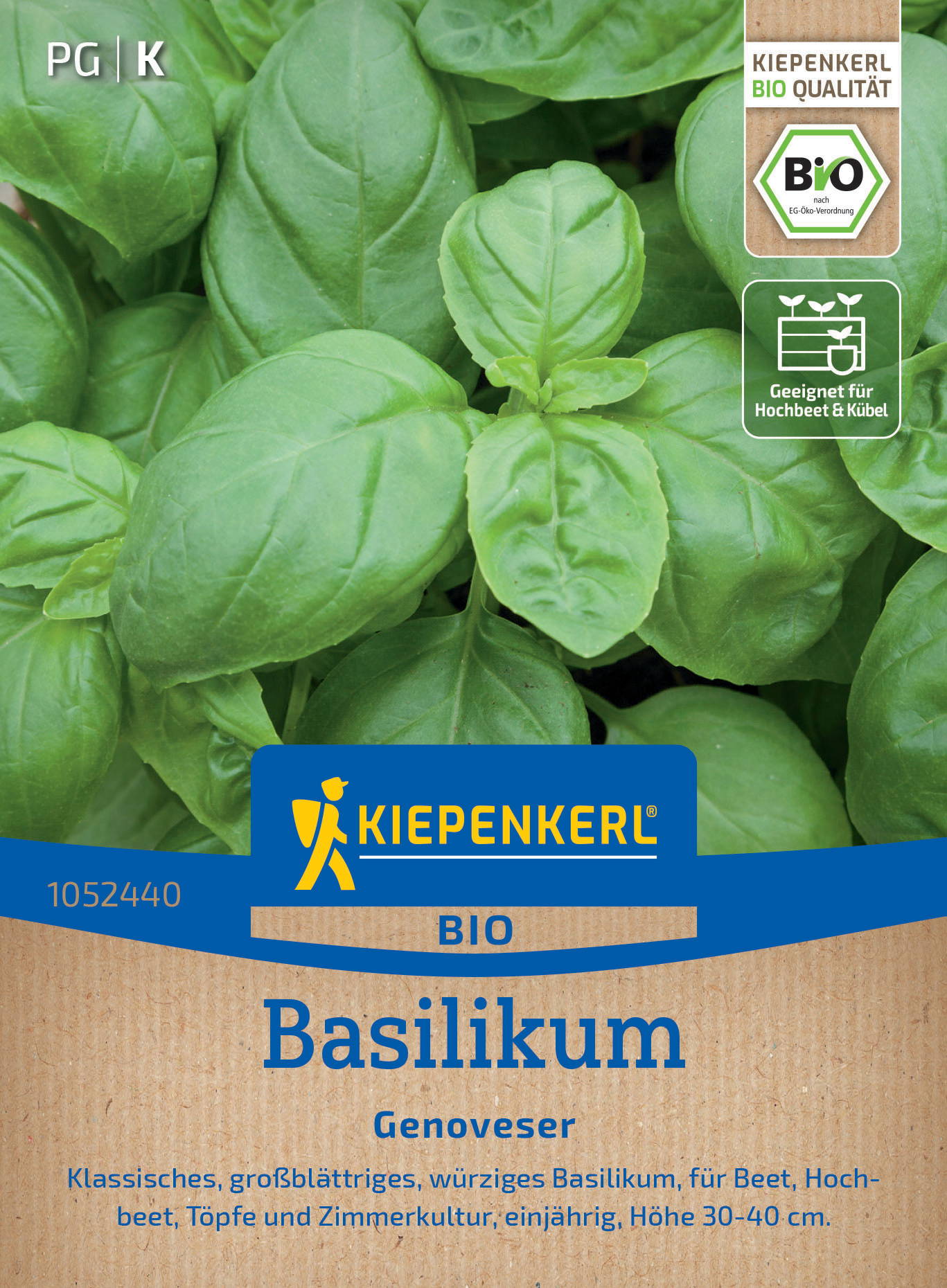 Basilikumpflanze mit grünen Blättern auf der Verpackung, daneben Bio-Label und Anweisung für Hochbeet und Kübel.