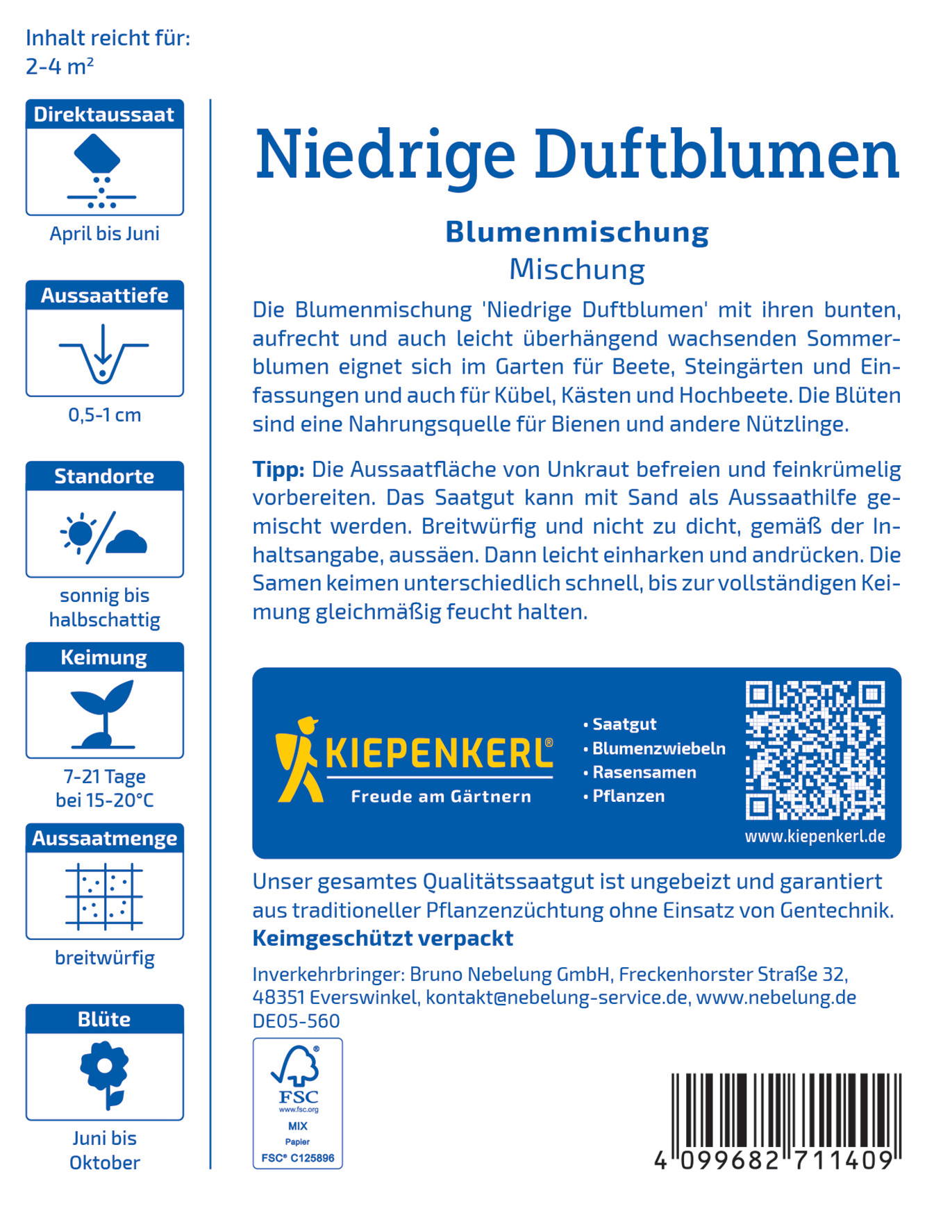 Niedrige Duftblumen Mischung, für sonnige bis halbschattige Standorte, Dauer 7-21 Tage, Blüte Juni bis Oktober.