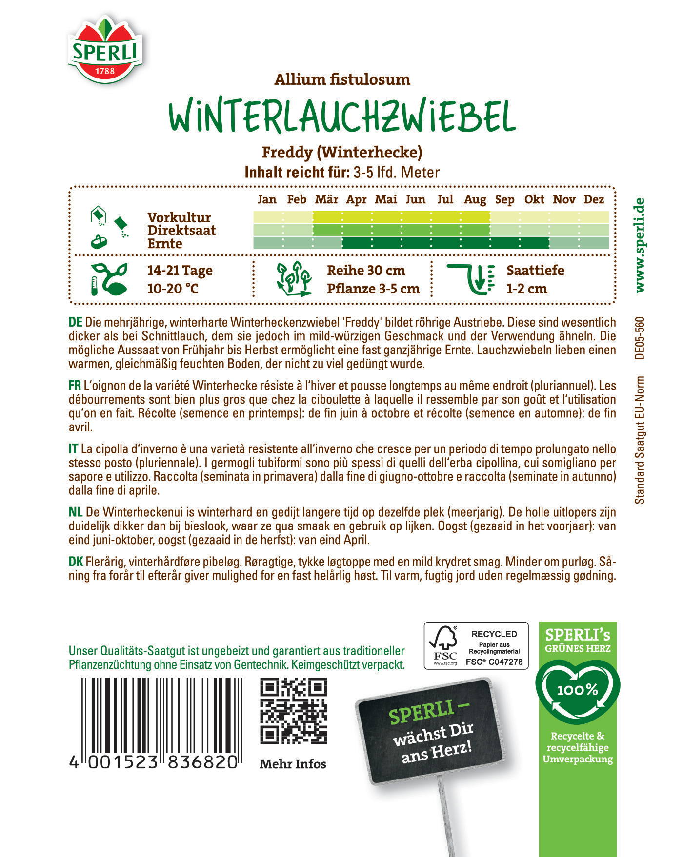 Vorderseite eines Saatgutpakets mit winterlicher Zwiebelsorte, grüner Schrift, QR-Code, Bar-Code und Logo.