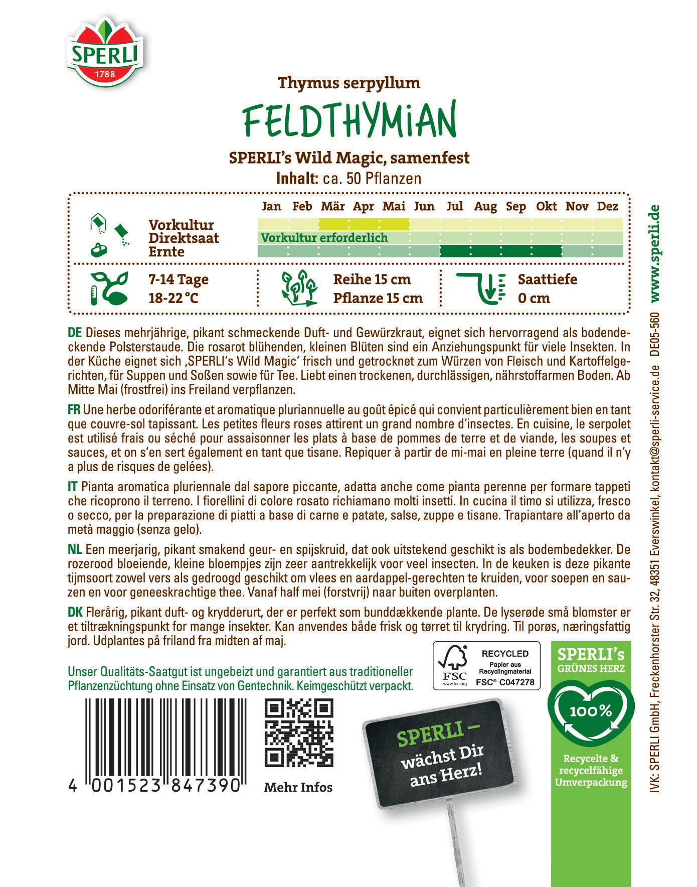 Recycling-Logo, Text, Barcode, QR-Code, Pflanze, Kontaktinformationen, Slogans, Tabellen und Icons.