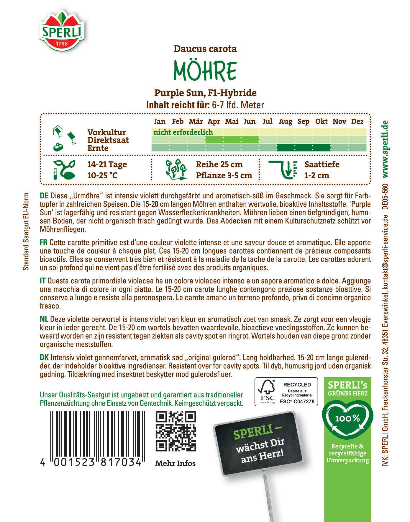 Saatgutpackung mit Informationen zur Daucus carota Sorte Möhre Purple Sun, F1-Hybride, Anbauhinweisen und Barcode.