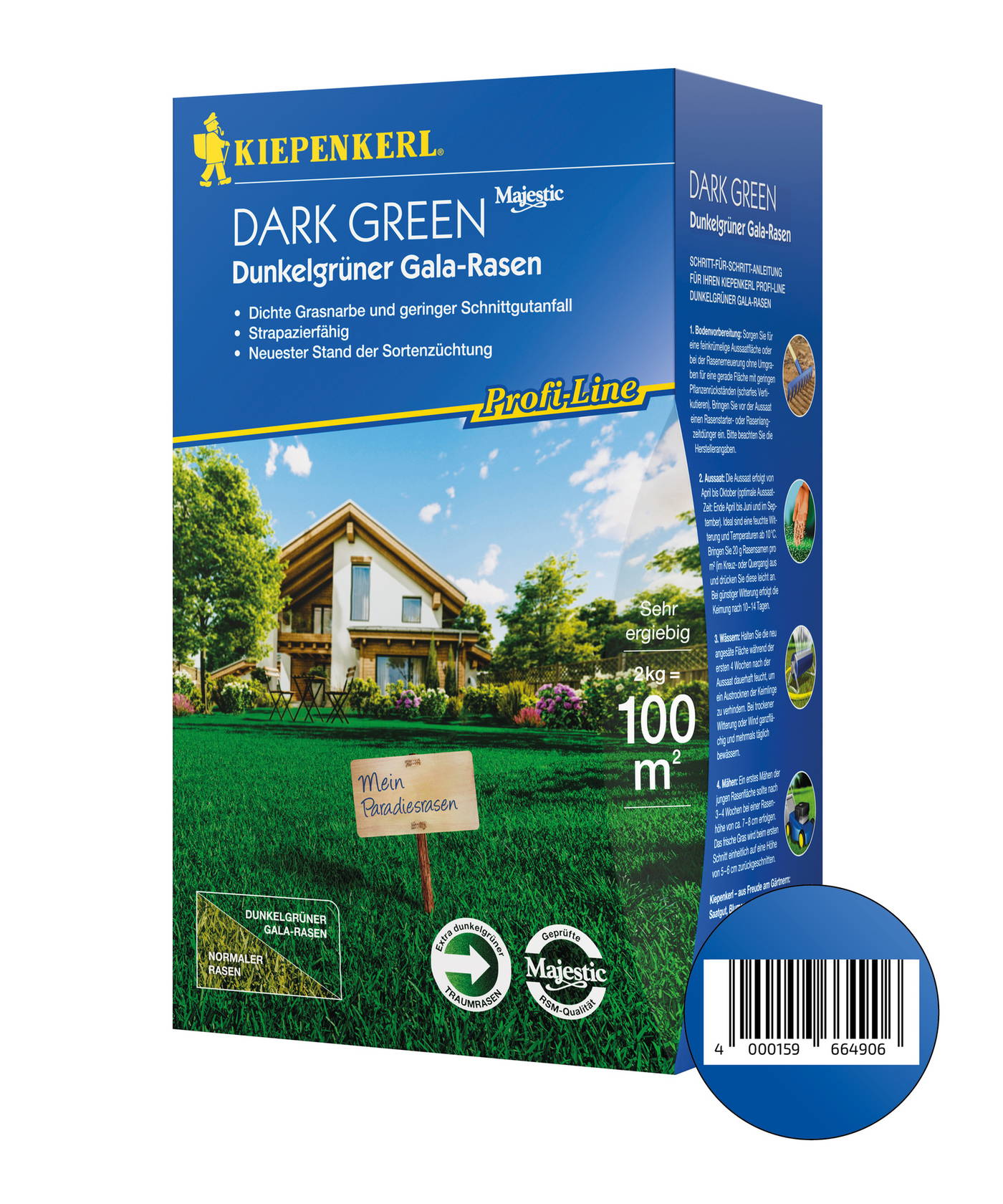 Box with house, lawn, flower beds, and a wooden sign saying "Mein Paradiesrasen".