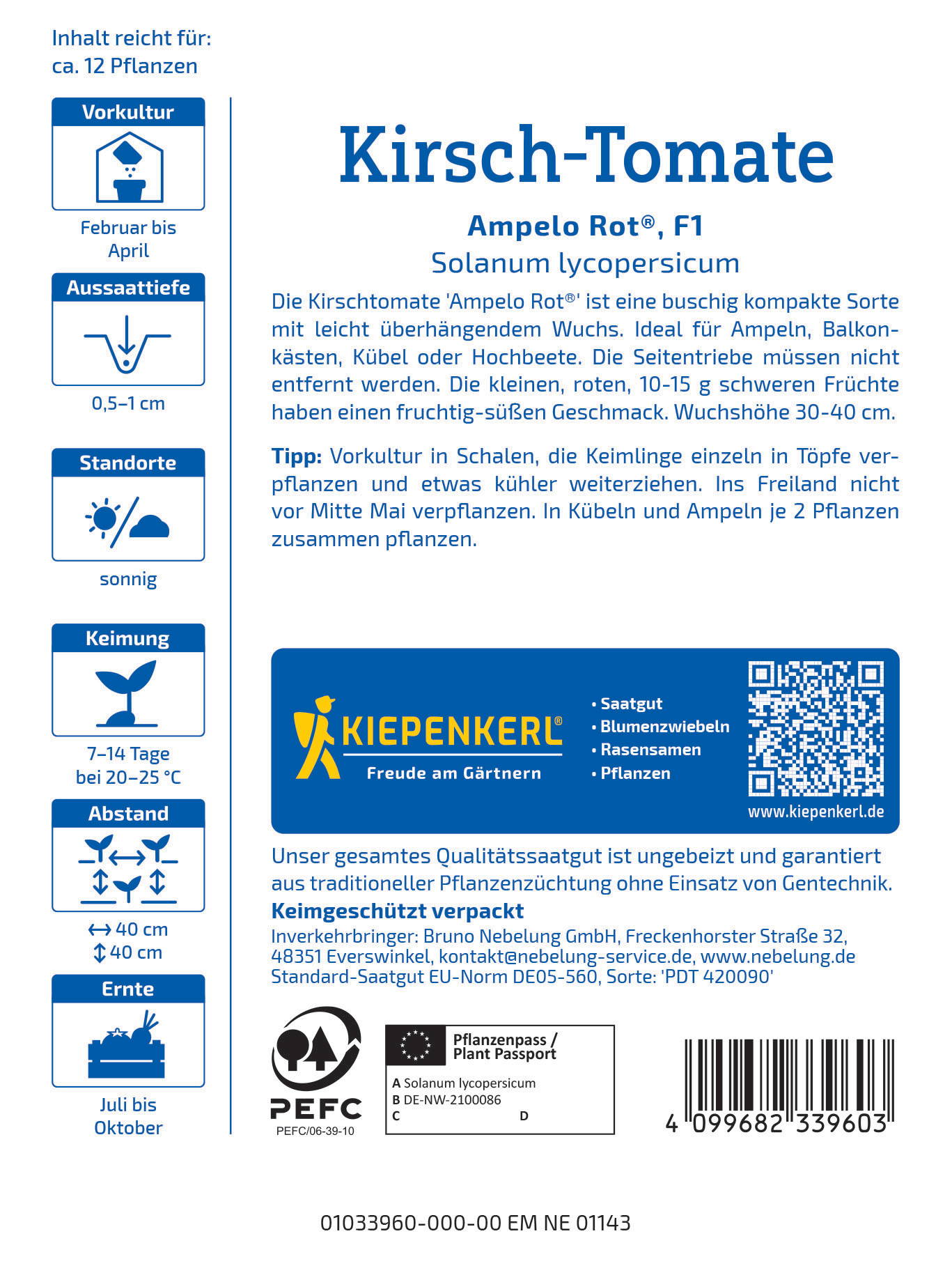 Informationsblatt mit Text, Logo, QR-Code, Bar-Code und Symbole für Kirsch-Tomaten.