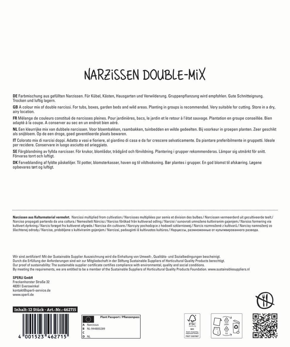 Packung mit Narzissen-Double-Mix, 12 Stück, mehrsprachige Beschreibung, Barcode, FSC-Logo, QR-Code
