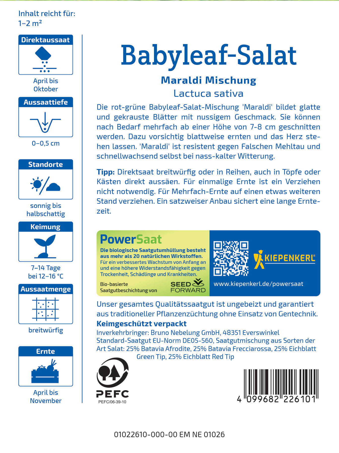 Informationstafel für Babyleaf-Salat mit Text, Symbolen für Aussaat, Standort, Keimung, Ernte, QR-Code und Logo.