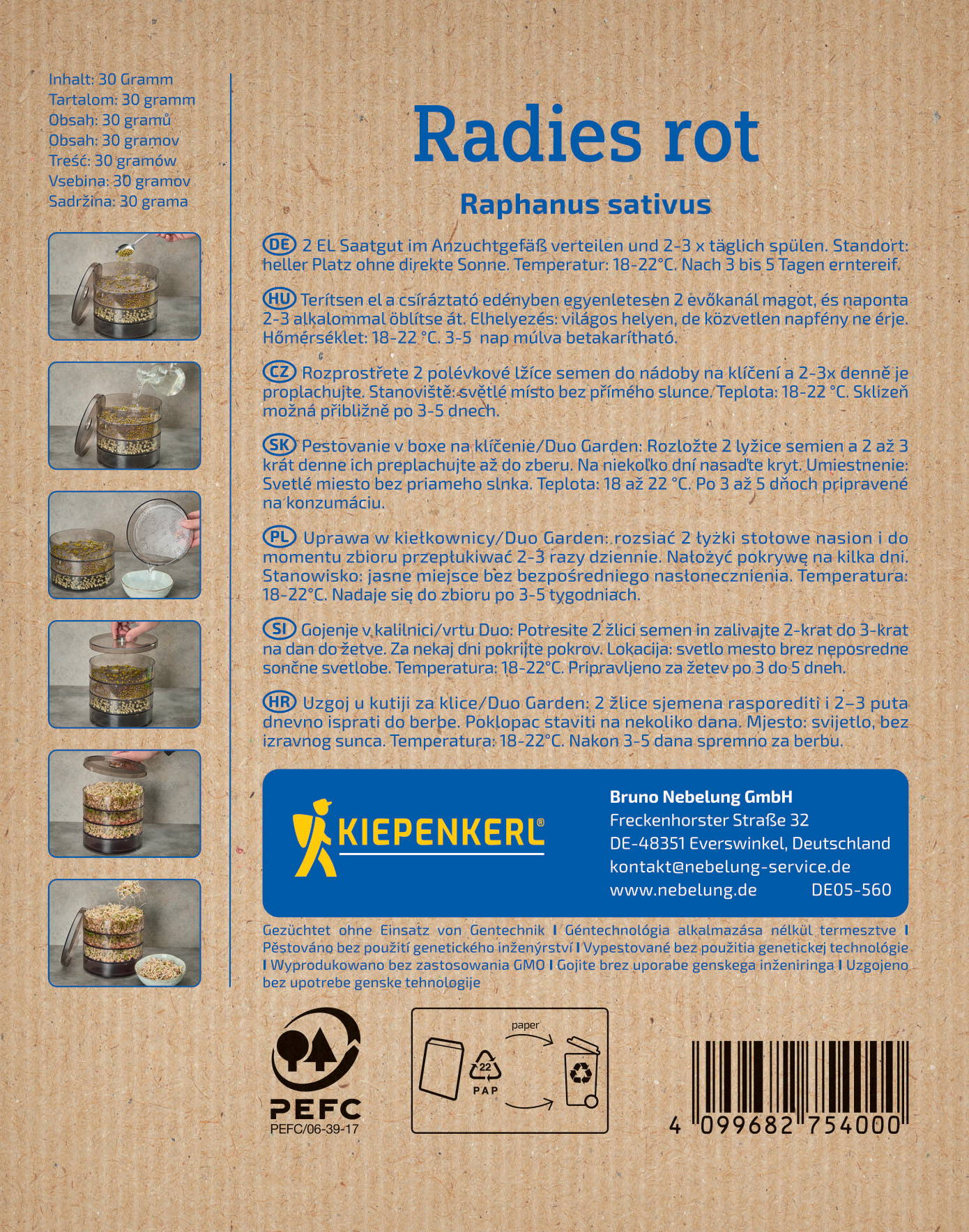 Auf dem Bild sind Anleitungen zum Anbauen von Radieschen, eine Firma und Recycling-Symbole.