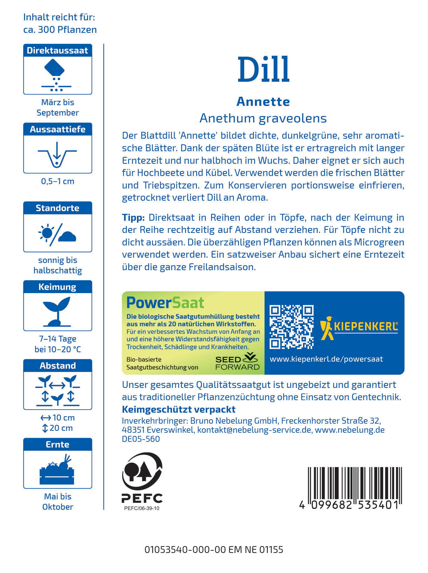 Hinweis auf Dill Annette mit dicht, dunkelgrünen Blättern, einzelne Blüten, QR-Code und Herstellerangaben.