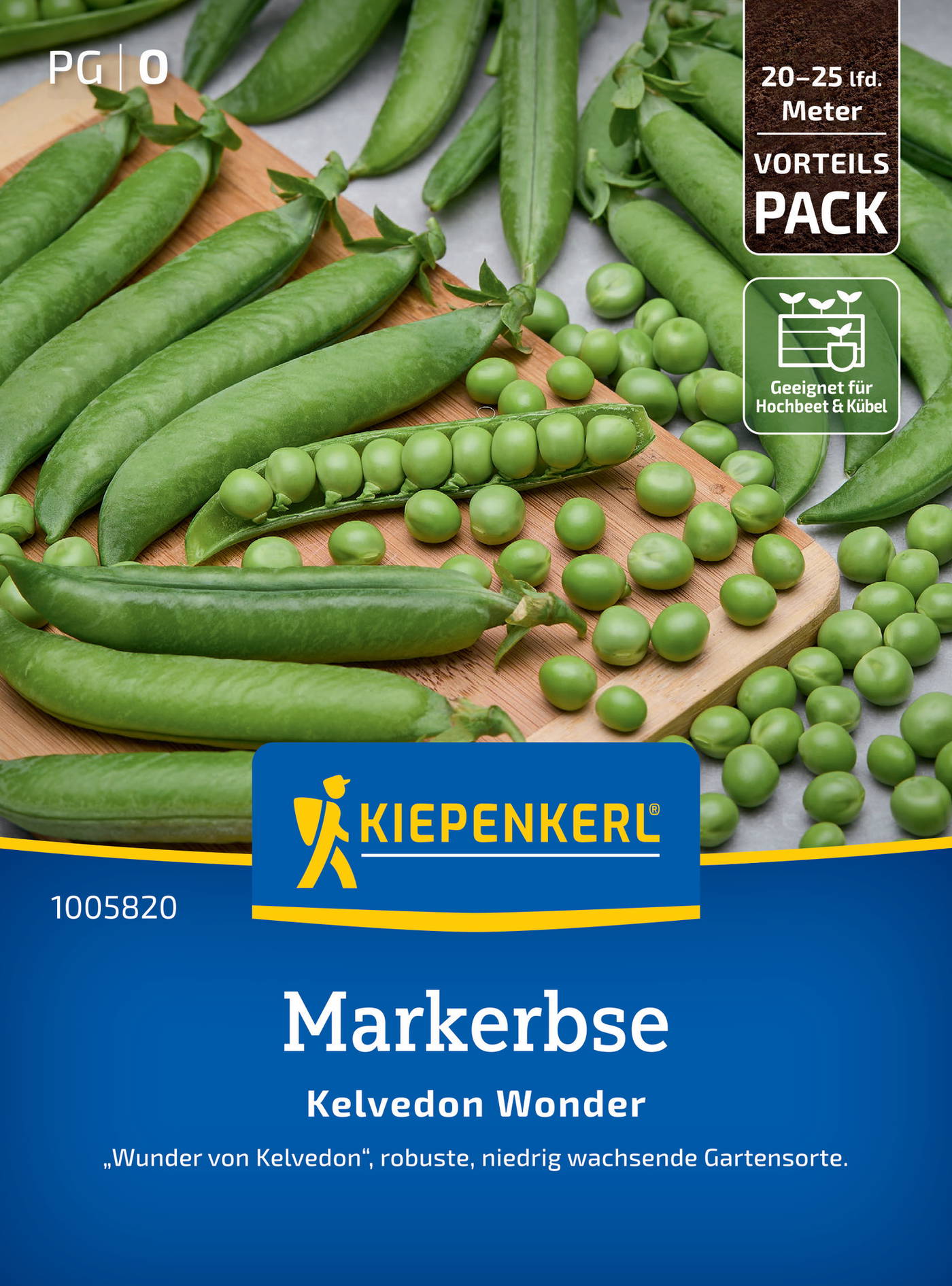 Green pea pods and peas on a wooden surface, packaging label with brand name and product information.