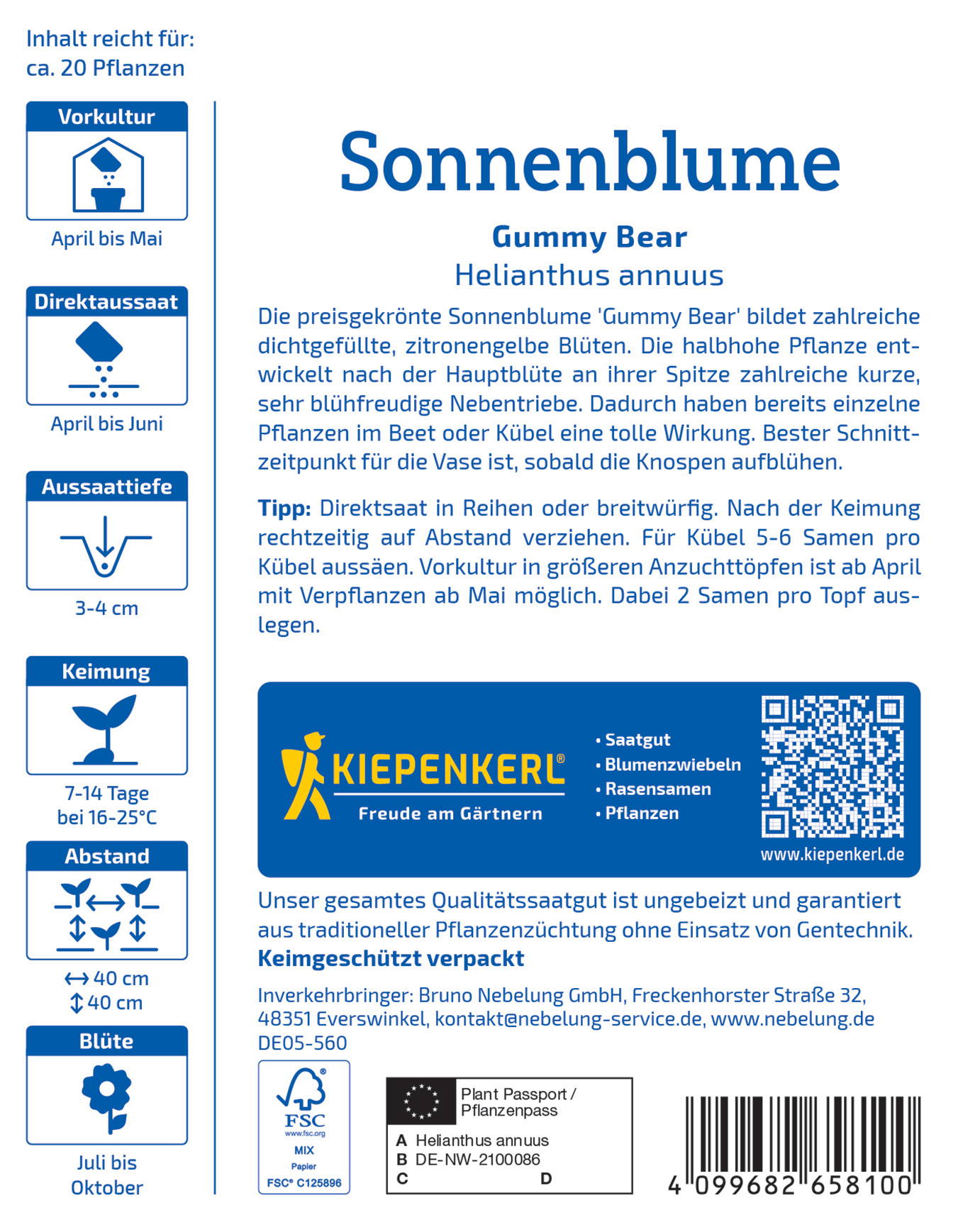 Bildbeschreibung eines Saatgut- und Pflanzensaatguts mit Text und QR-Code, Blaue Symbole für Anbautipps.
