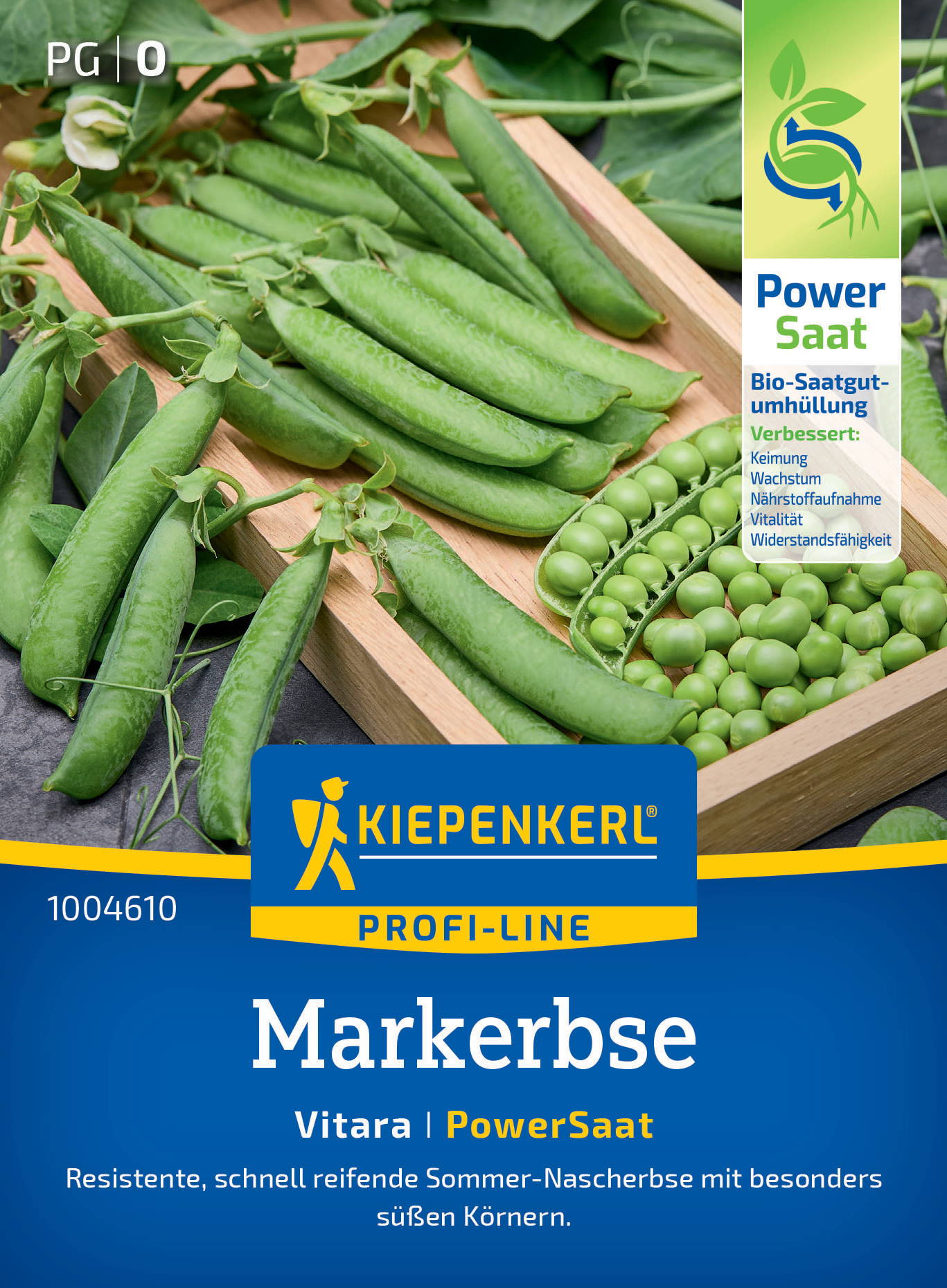 Grüne Markersaatgut der Sorte Vitara PowerSaat in einer Holzkiste mit victoria- und Erbsenpflanzen, Verpackung mit blauer und grüner Beschriftung.
