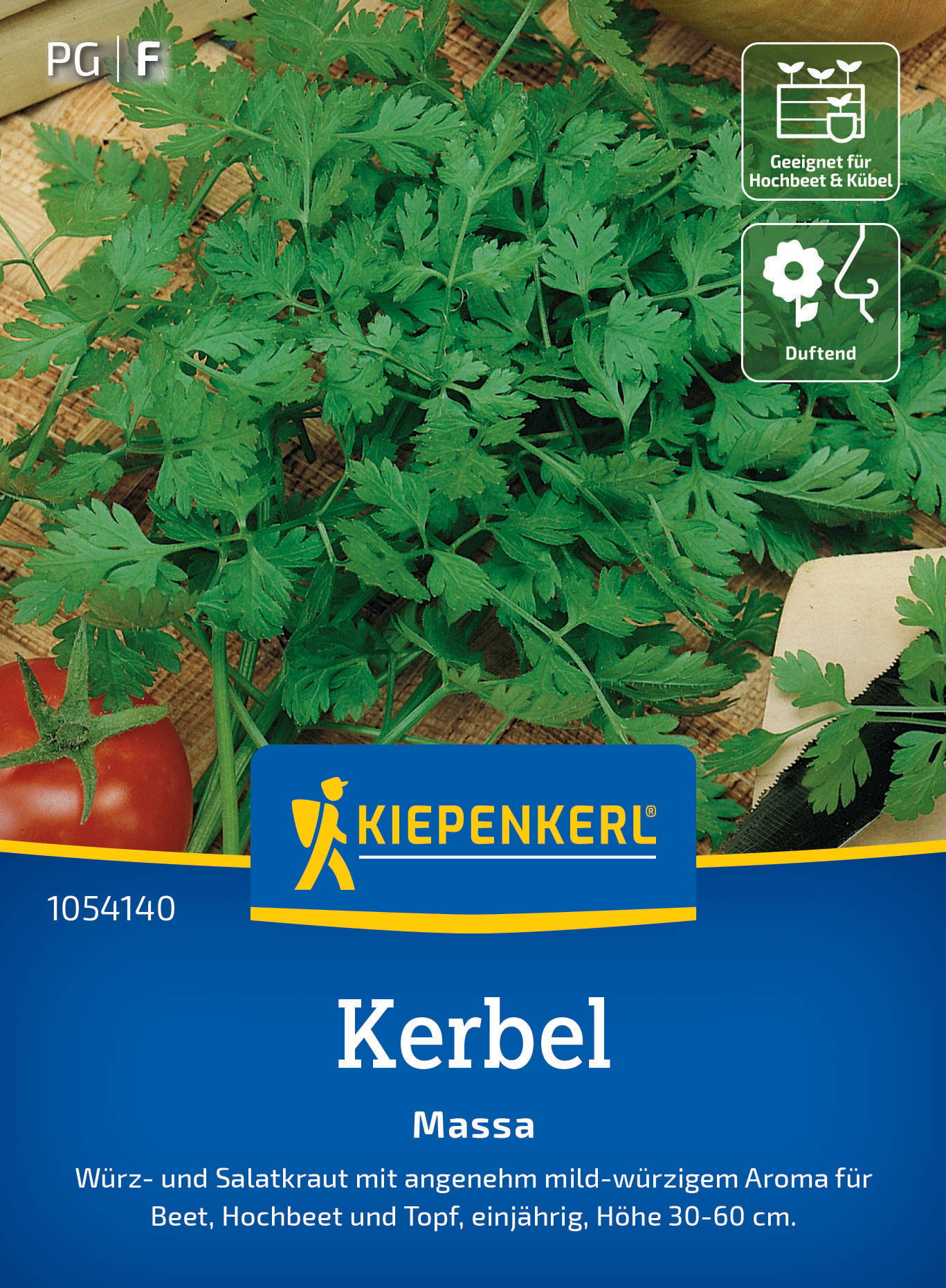 Grüner Kerbel wächst auf einem Holztablett, Verpackung mit blauer Kiepenkerl-Marke, Tomate und Pflanzensamen.