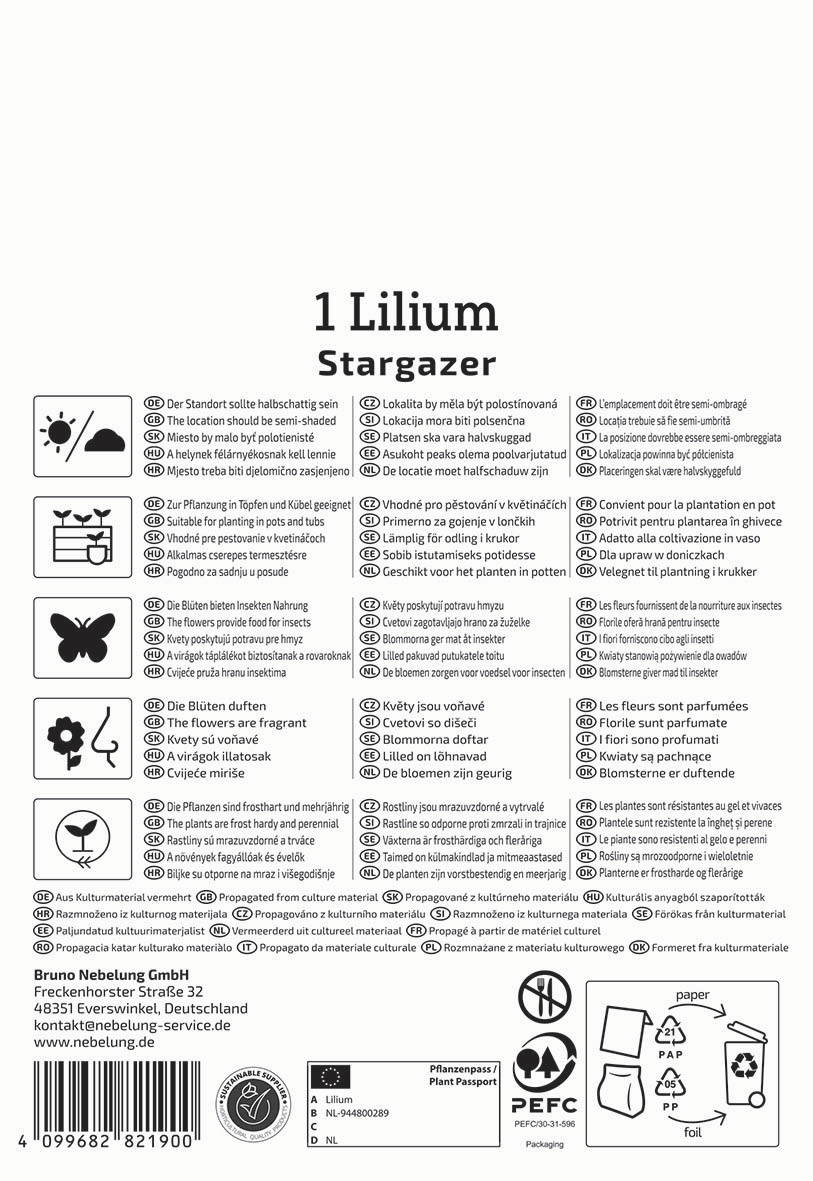 Text auf Verpackung mit Pflanzhinweisen, Produktinformationen und Recycling-Symbolen.