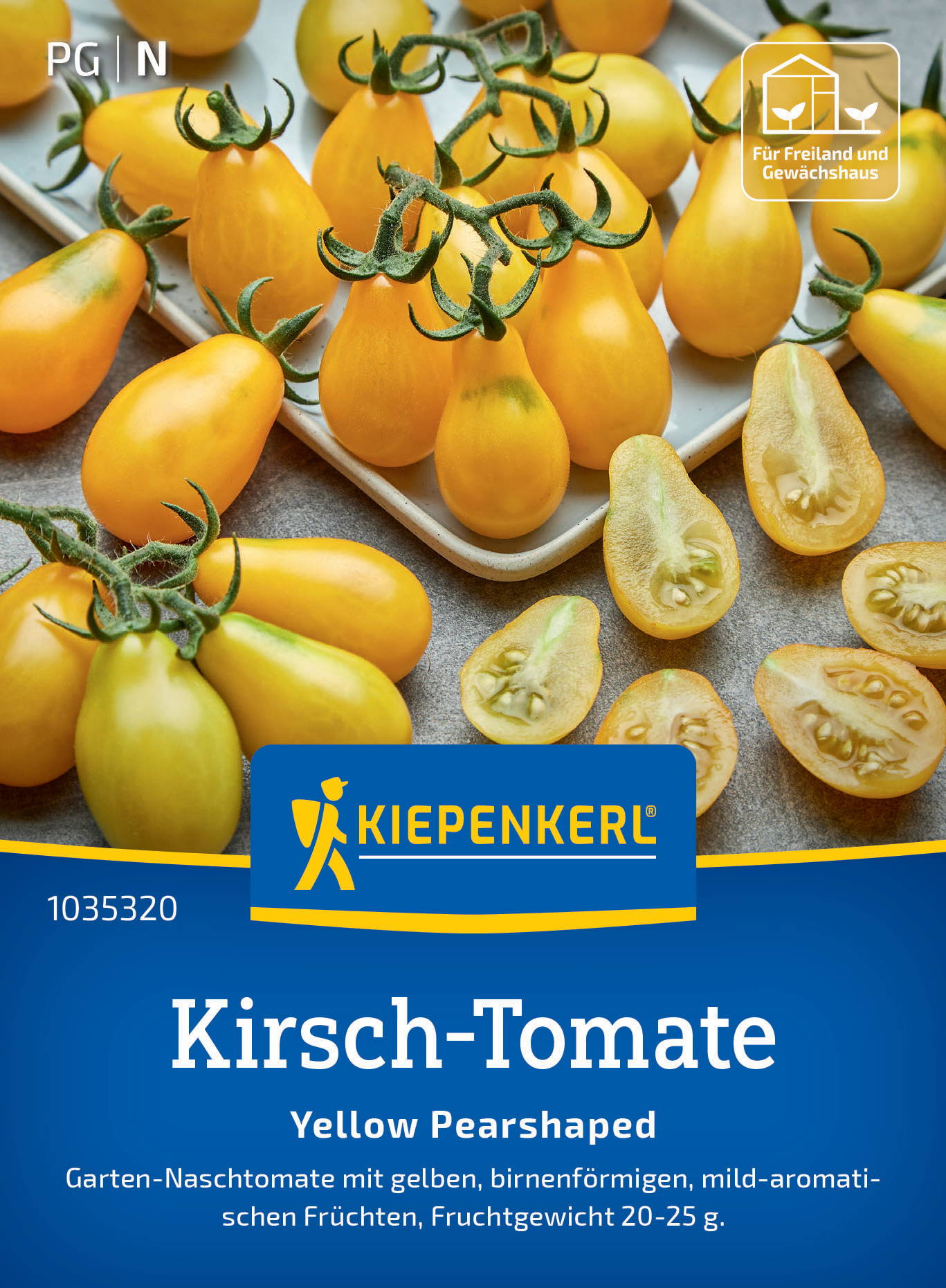 Gelbe, birnenförmige Cherry-Tomaten auf einem Teller und einige halbierte Tomaten.