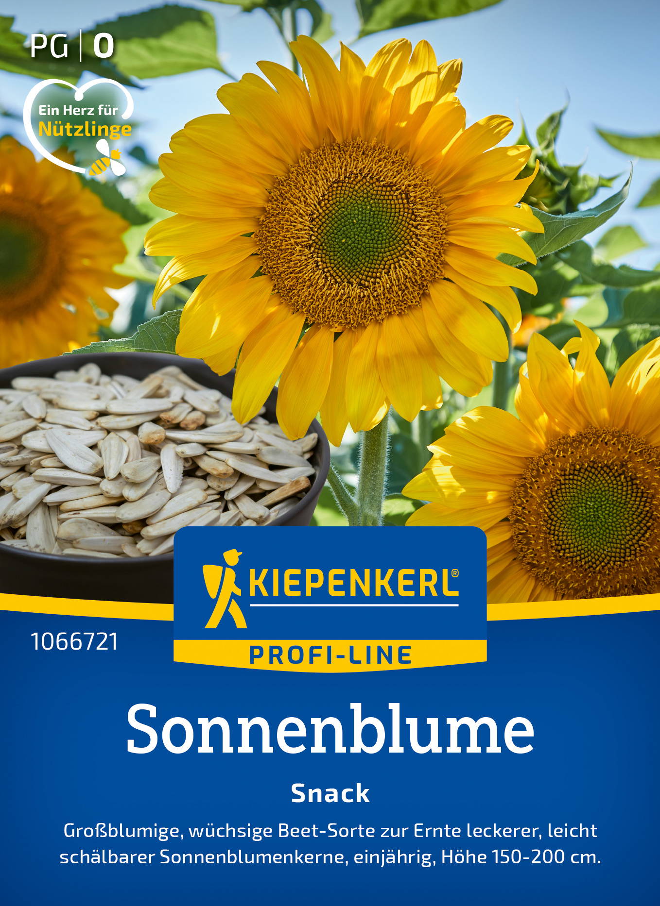 Sonnenblumen mit gelben Blüten, Sonnenblumenkerne in einer Schüssel, blauer Hintergrund mit Text und Logo.