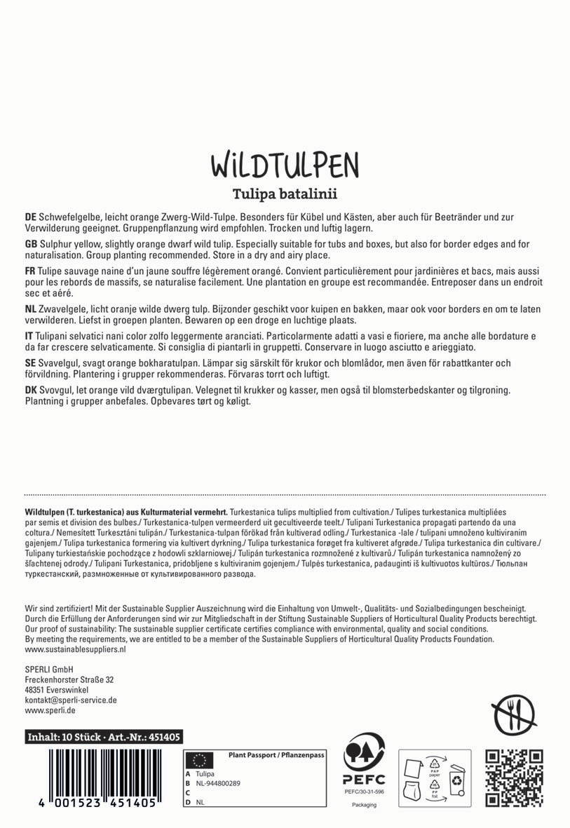 Beschreibung des Pakets: Verpackung mit Tulpen-Samen, QR-Code, Barcodelabel, Pflegehinweisen, Logo und Inhaltsangabe.