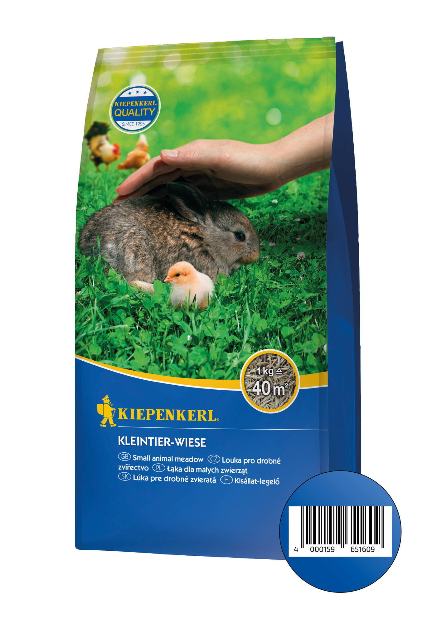 Paket mit grünem Hintergrund, zeigt eine Hand, die ein Kaninchen und ein Küken auf Gras berührt.