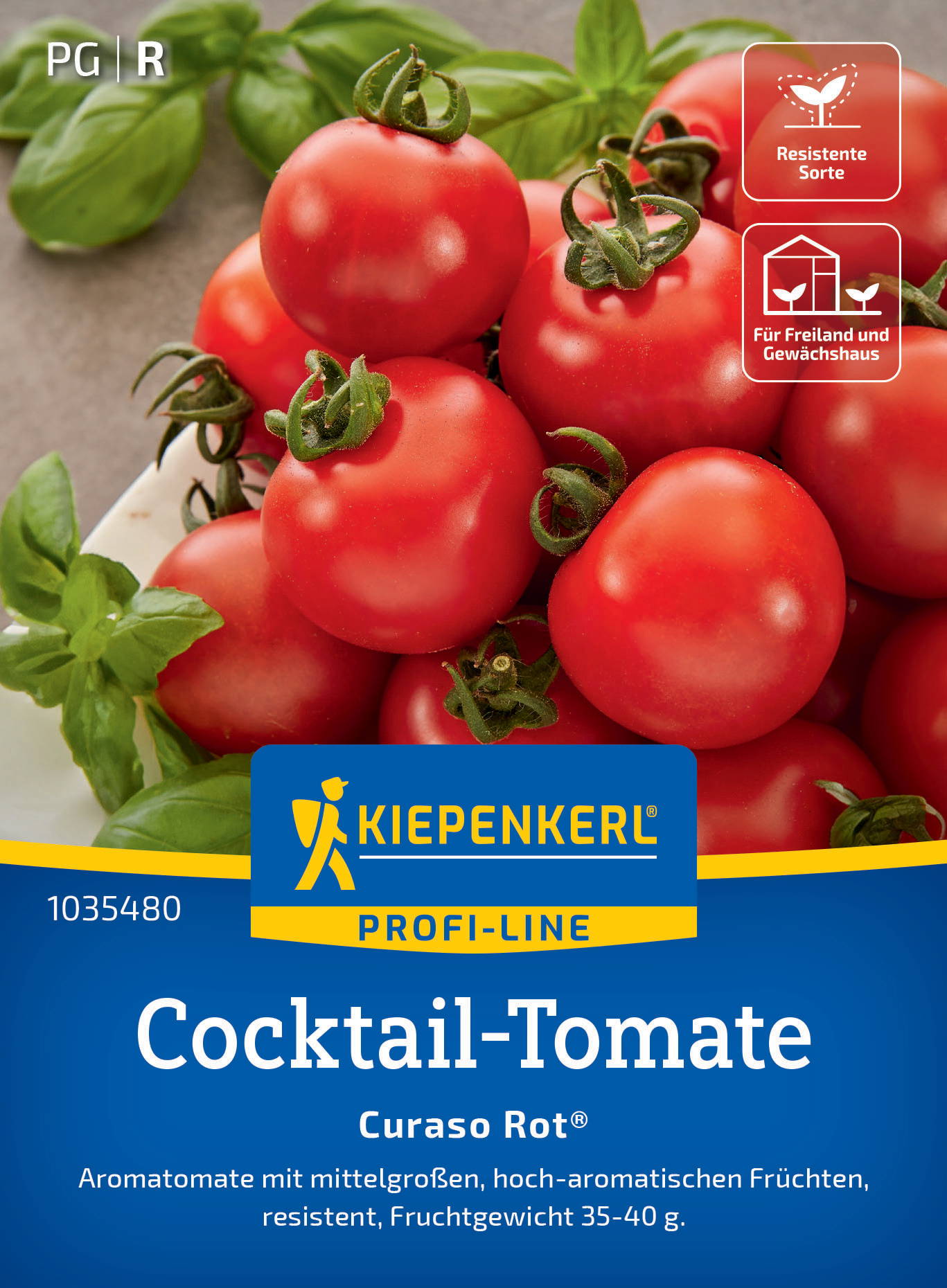 Rote Cocktail-Tomaten mit grünen Stielen und Blättern, Verpackung mit blauer und gelber Beschriftung, Markenname Kiepenkerl.