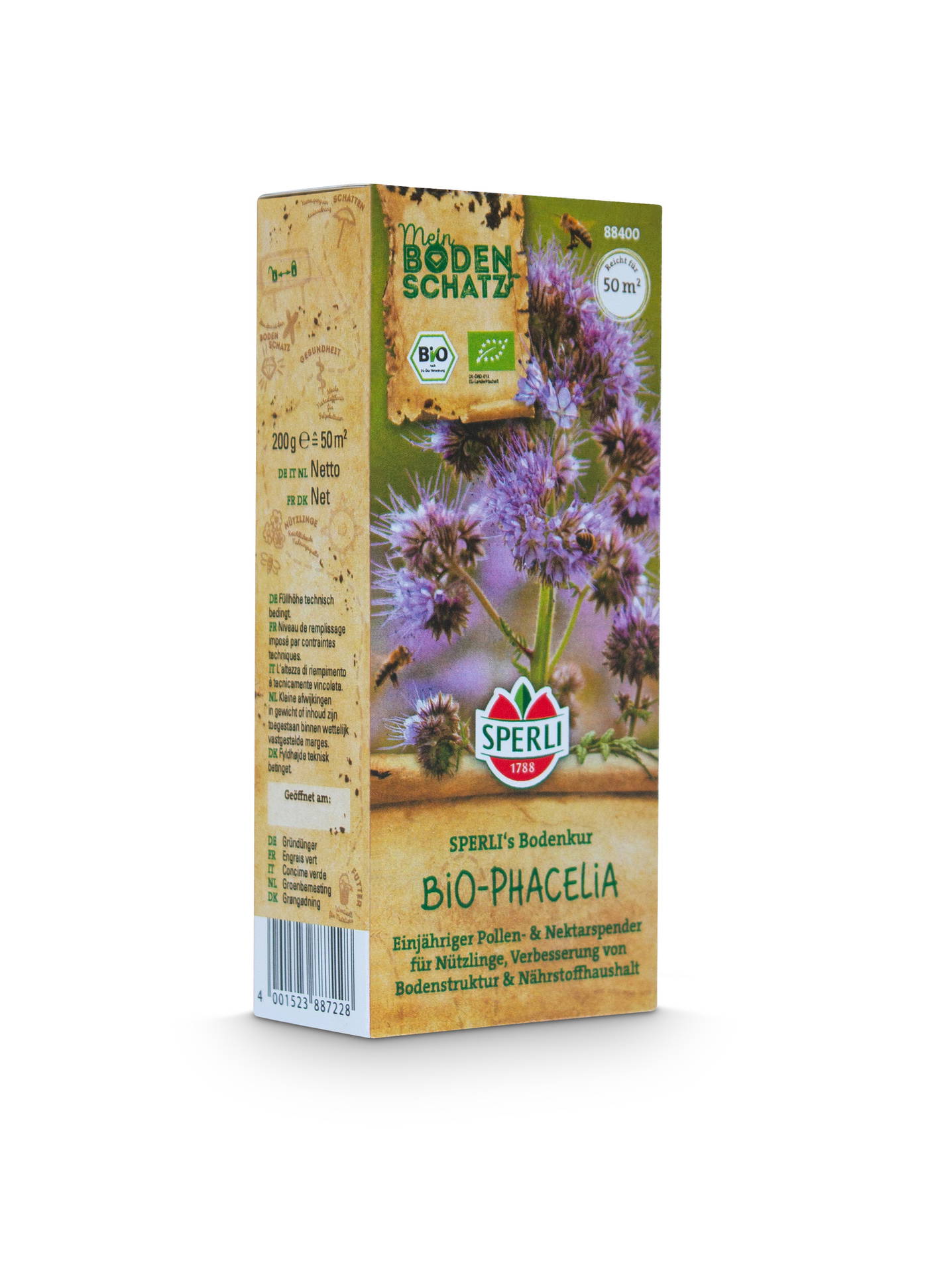 Pappepackung mit blühender Phacelia und Bienchen, grün-weiße Markenlogos, Text in Deutsch, Barcode oben links.
