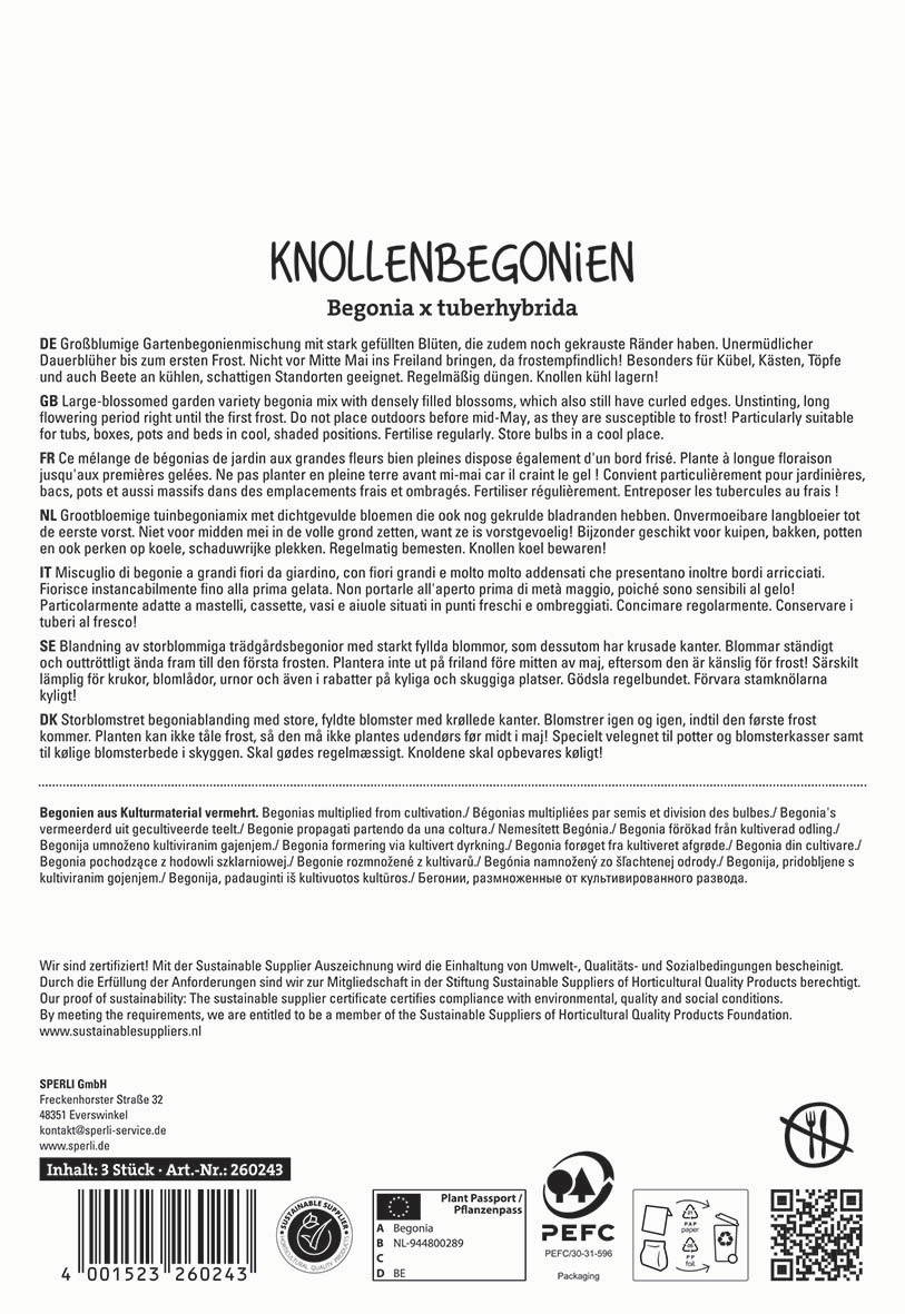 Text auf der Verpackung mit Informationen zu Knollenbegonien, Pflanzhinweisen und nachhaltiger Zertifizierung.