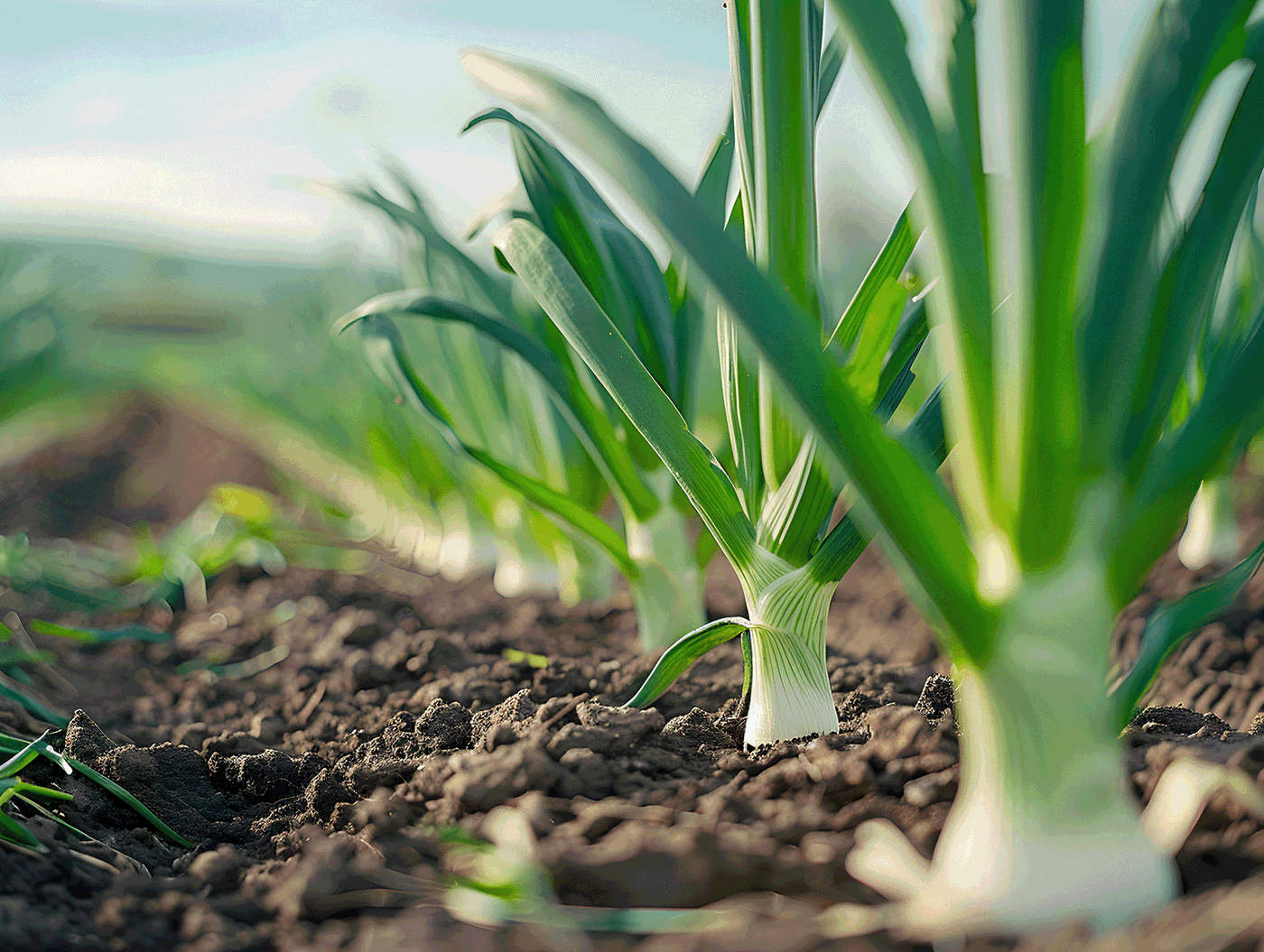 Grüne Maispflanzen im Boden auf einem Feld bei Sonnenlicht.