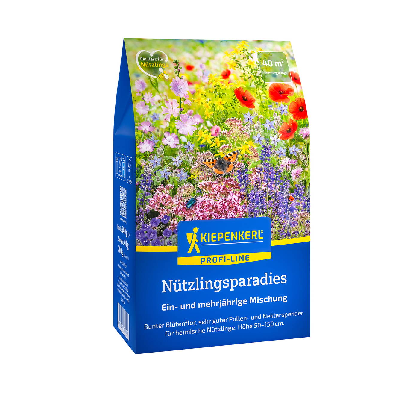 Bunte Blumenwiese mit Schmetterling und Biene auf Verpackung für Nützlingsparadies Samen.