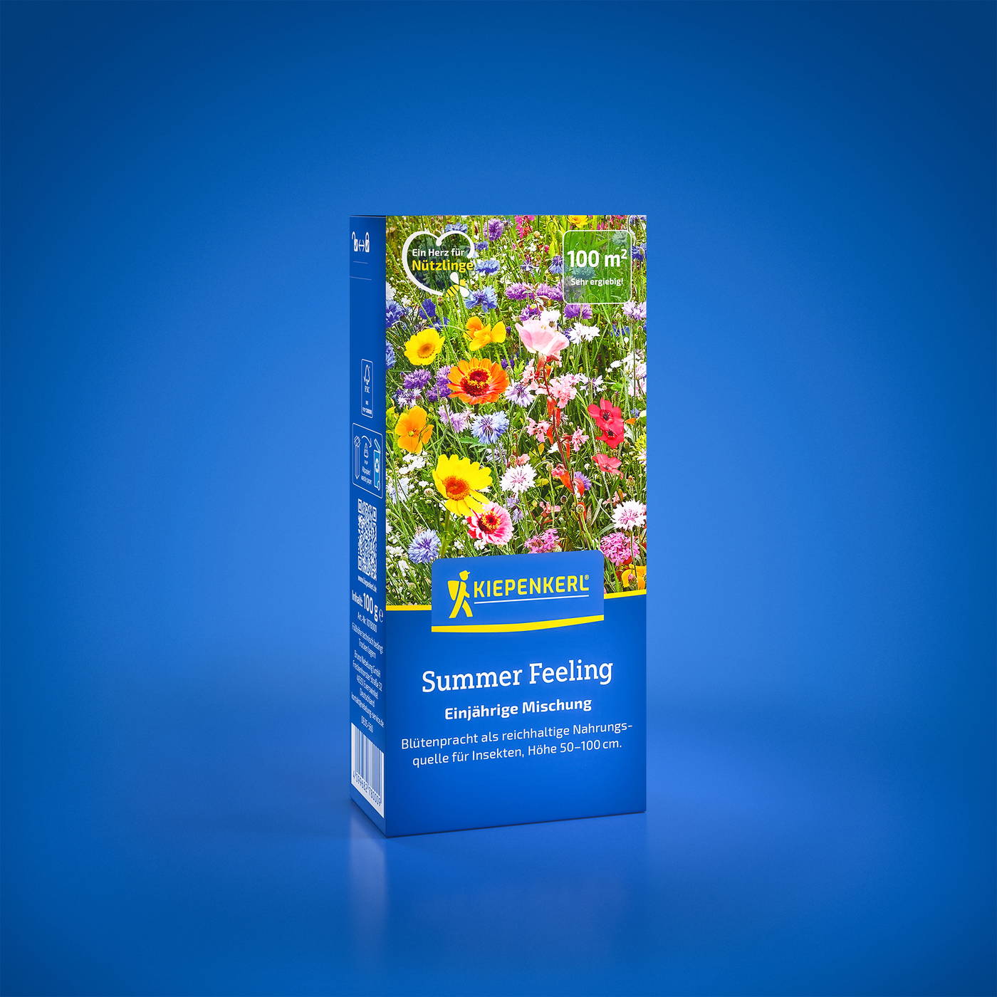Blumenmischung in blauer Packung mit bunten Blüten und grünen Blättern, Kiepenkerl Logo, blauer Hintergrund.