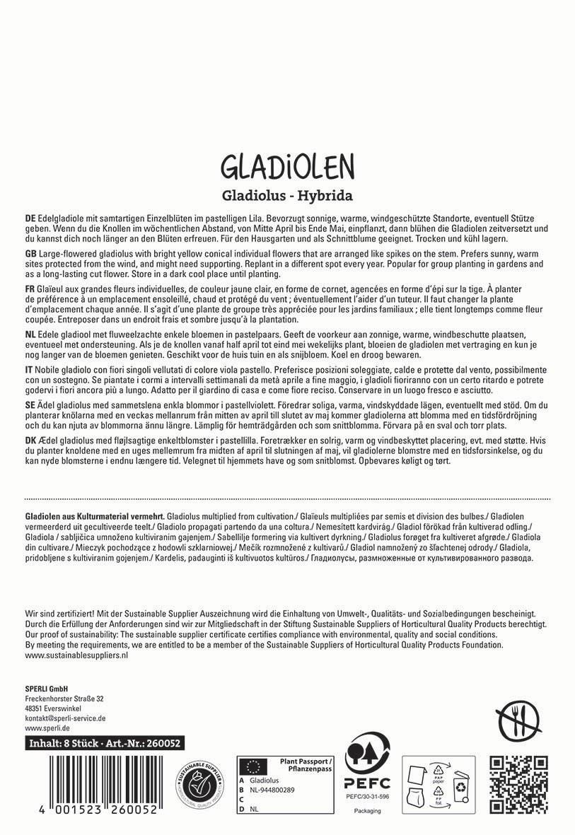 Beschreibung des Bildinhalts: Text auf einem weißen Hintergrund über Gladiolen, mit Produktinformationen, Zertifizierungen und Logos.