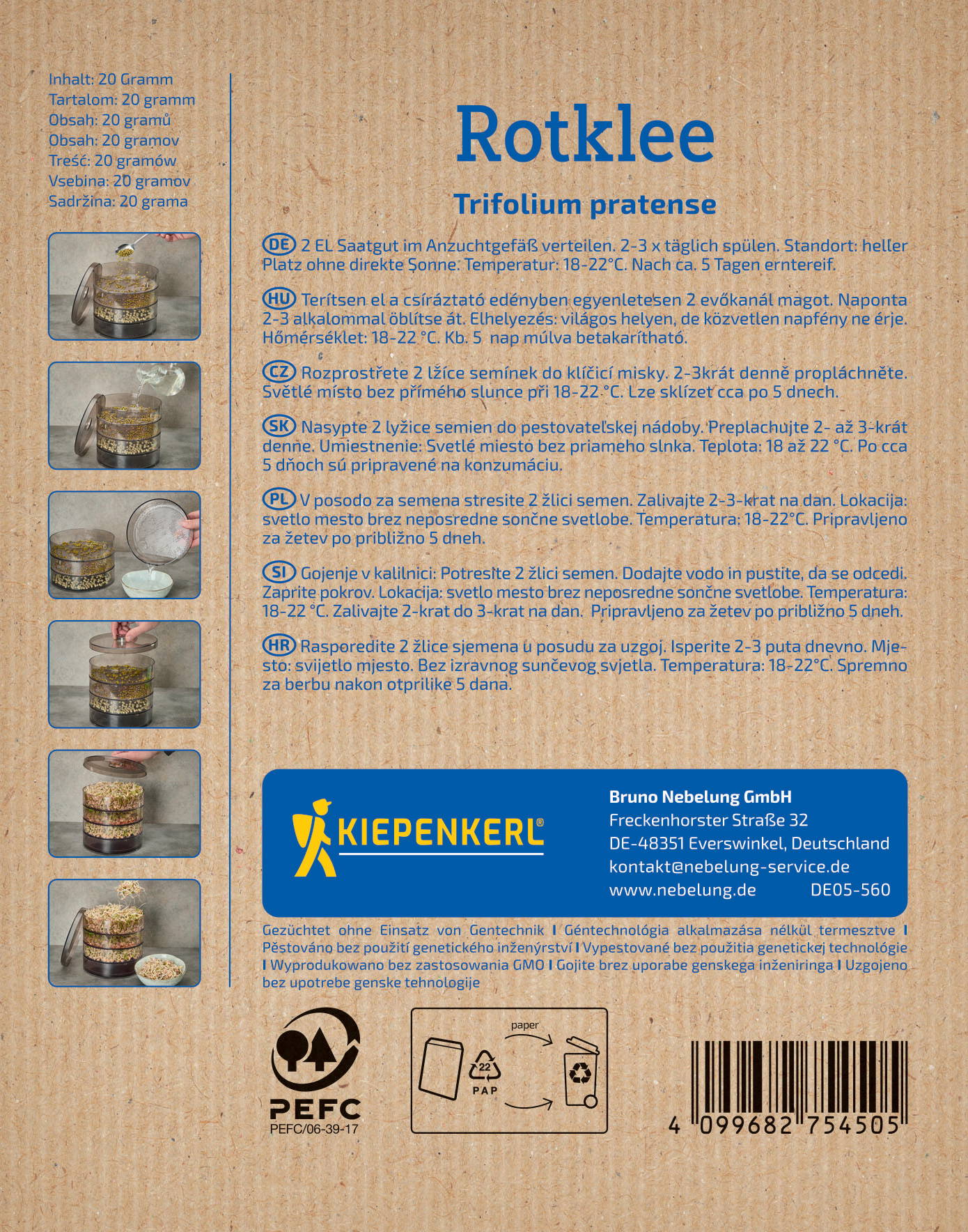 Anleitung mit Bildern zur Aussaat von Rotklee in einem Behälter, Schritte mit Händen und Samen.