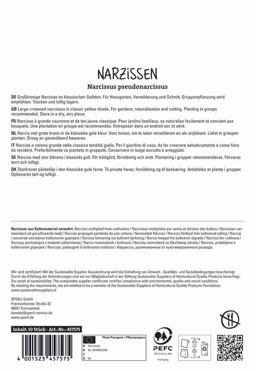 Textbeschreibung des Bildes:  
Etikett mit Pflanzinformationen für Narzissen, inklusive Text in mehreren Sprachen und Symbolen für Nachhaltigkeit.