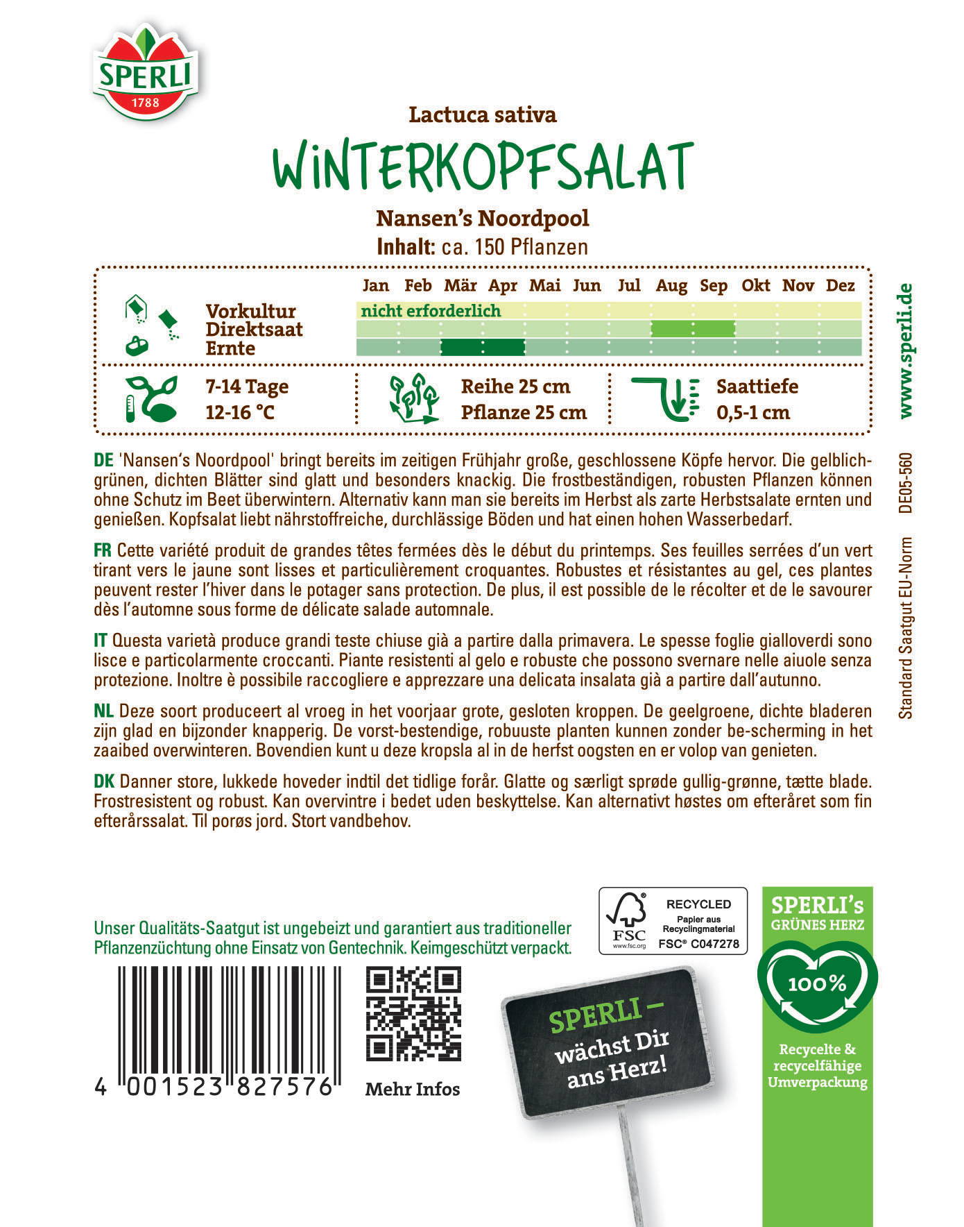 Lactuca sativa Winterkopfsalat, Bild zeigt das Etikett mit Informationen zur Pflanze, Ernte, Anbauzeit und Herkunft.