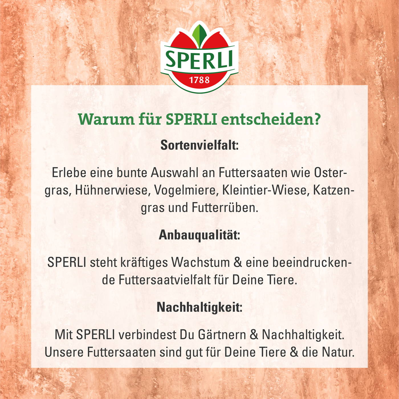 Slogan, Text in deutscher Sprache über die Vorteile und Nachhaltigkeit von SPERLI Vogelfutter.