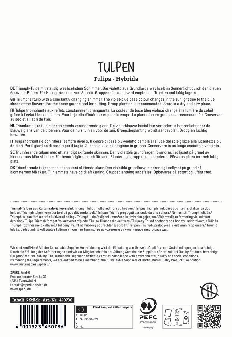 Beschreibung eines Papiers mit Informationen zu Tulpen, Pflegehinweisen und Nachhaltigkeitssiegel, inklusive Barcode und Logo.
