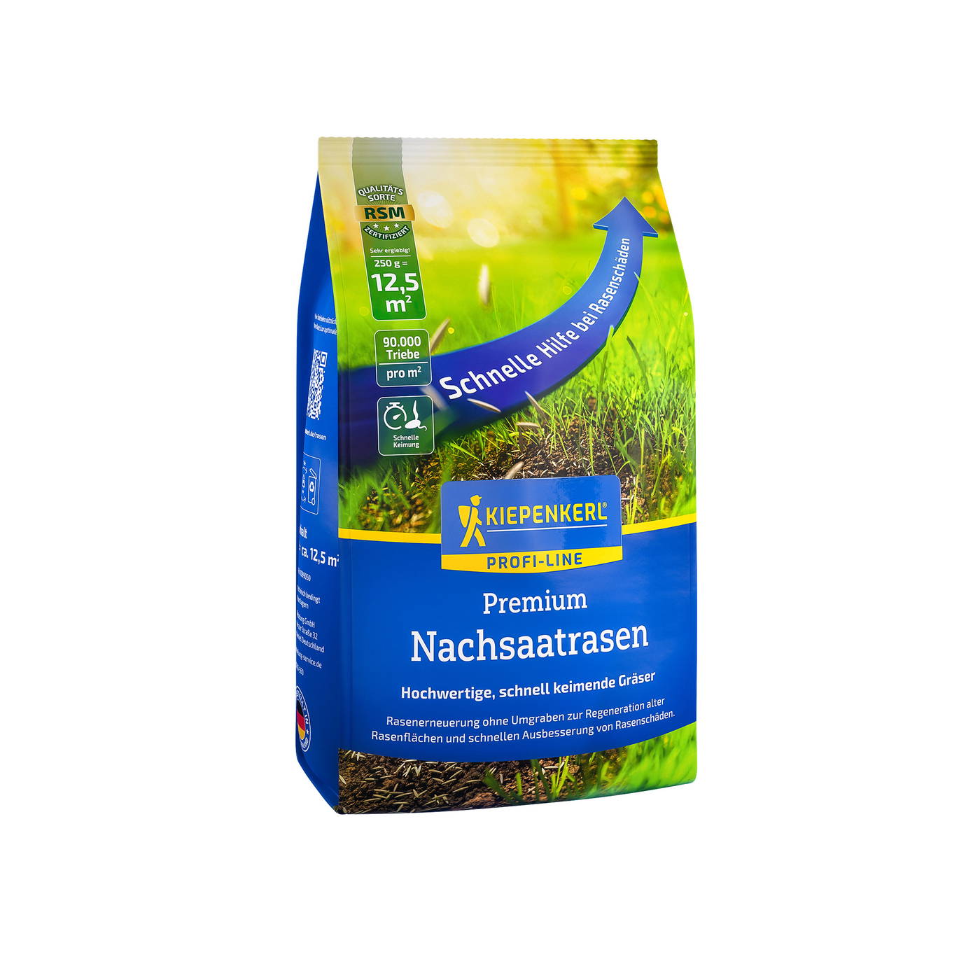 Blausack mit grüner Wiese, gelbem Logo, blauer Flasche mit Text, zeigt Rasensamen und Hinweise zur Anwendung.