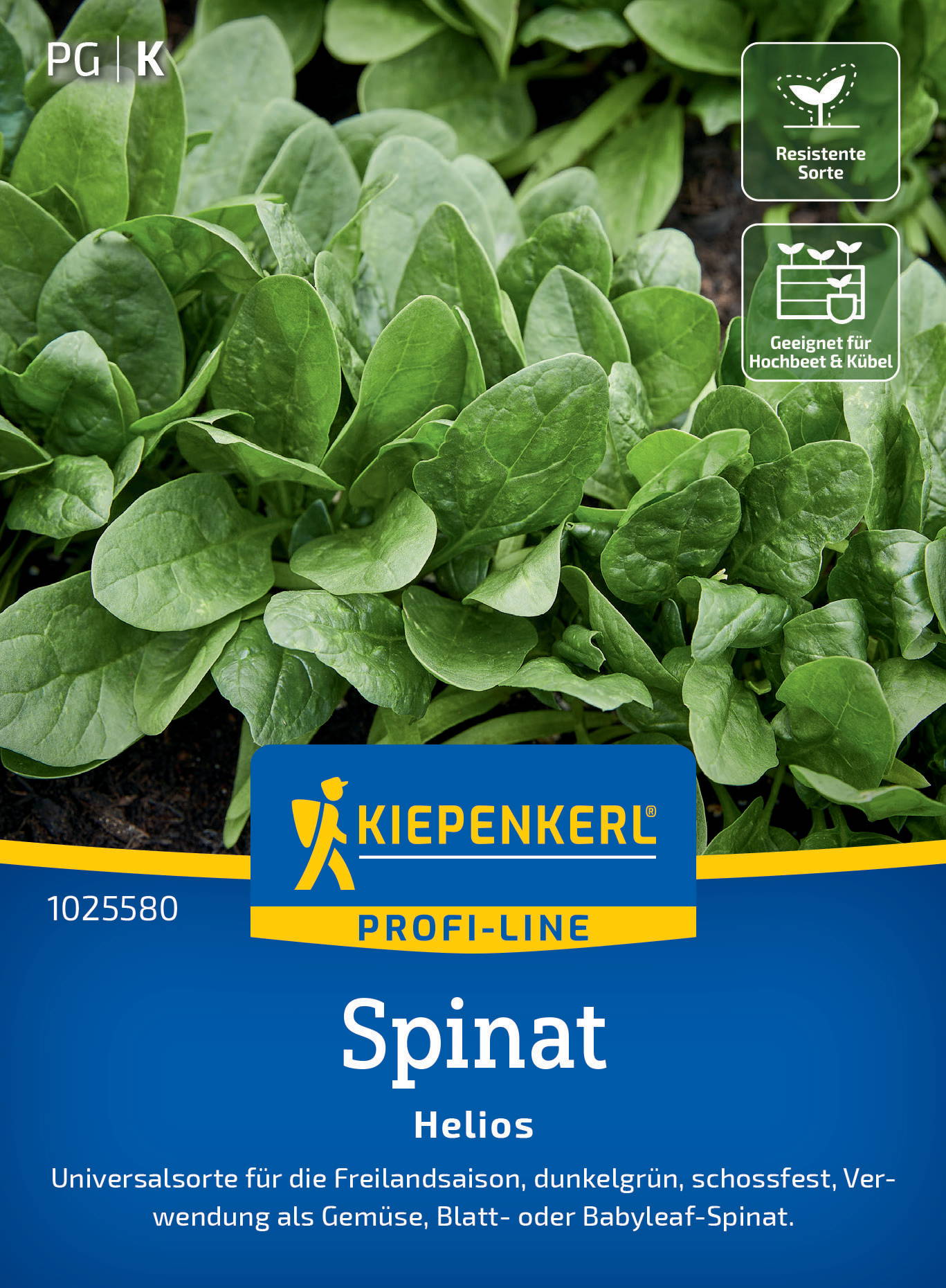 Grüne Spinatsafer mit aufgedruckten Symbolen für resistente Sorte und geeignet für Hochbeet und Kübel.
