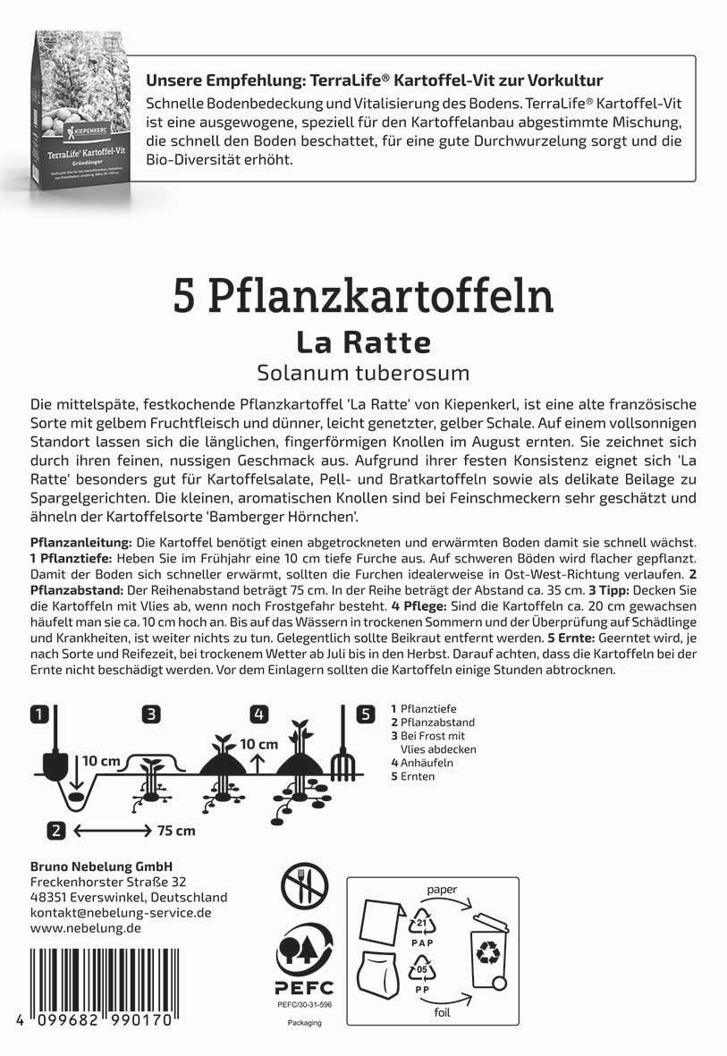 Bild mit Packungsbeschreibung und Anleitung für Pflanzkartoffeln La Ratte inklusive Symbolen und Barcode.