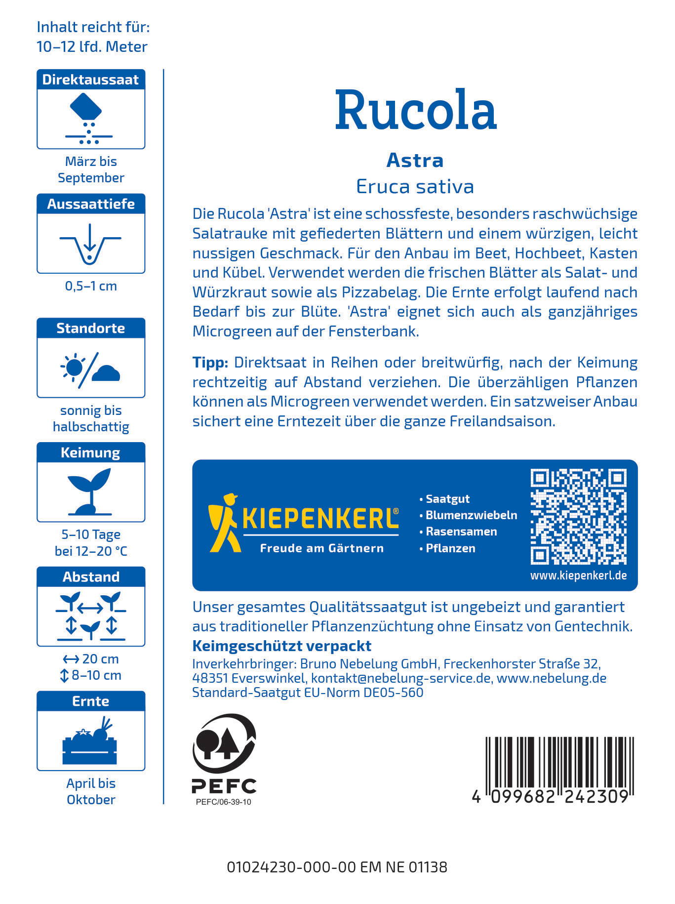 Beschreibung des Bildinhalts: Verpackungsrückseite mit Informationen zu Rucola Samen, Anbau, Keimung und Herstellerangaben.