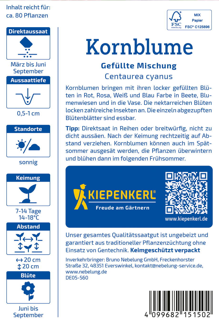 Kornblumen Packung mit gefüllten Blüten, blüht im Juni bis September, sonniger Standort, 7-14 Tage Keimzeit.