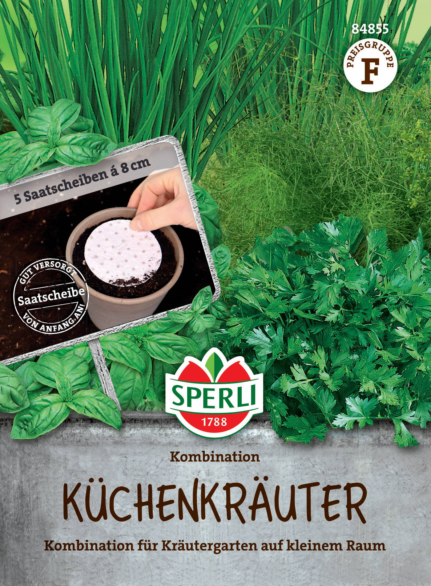 Kräutertöpfe mit Basilikum, Petersilie, Schnittlauch und Minze vor einem grünen Gartenhintergrund.