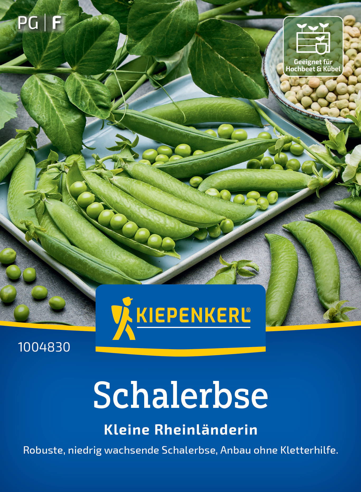 Verschiedene grüne Erbsen, Bohnen und Pflanzenteile auf einer blauen Pflanzenschachtel.