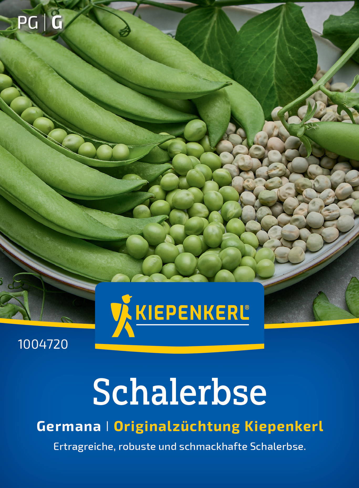 Grüne Schalerbsen, einige noch in Hülsen, auf einem Teller mit umgebenden Blättern.