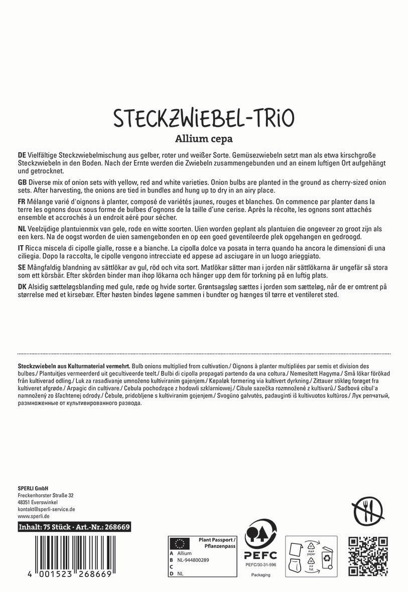Anleitungstext für eine Steckzwiebel-Trio-Packung mit Beschreibung in mehreren Sprachen, Logo, Barcode und Produktinformationen.