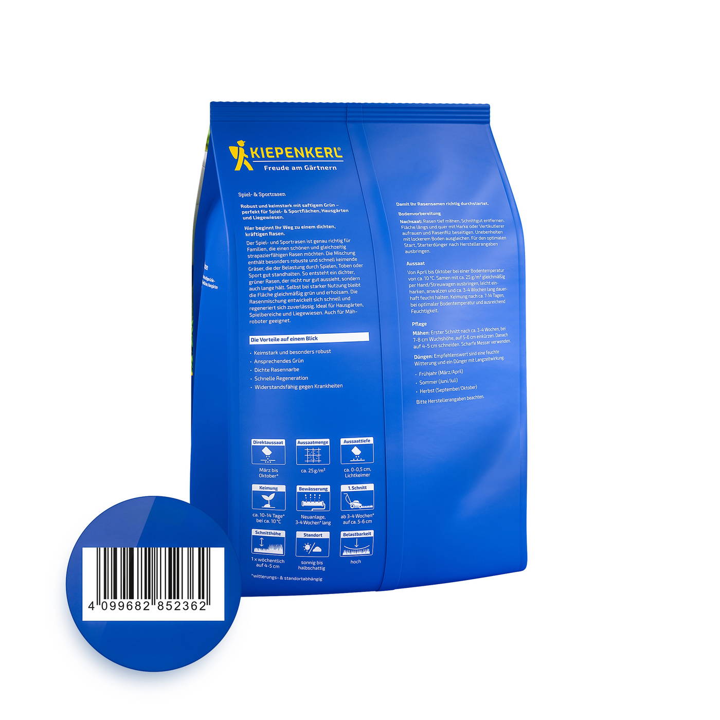 Blaue Gartenerde auf der Rückseite mit weißen Texten, Barcode in einem blauen Kreis, Herstellername und Logo.