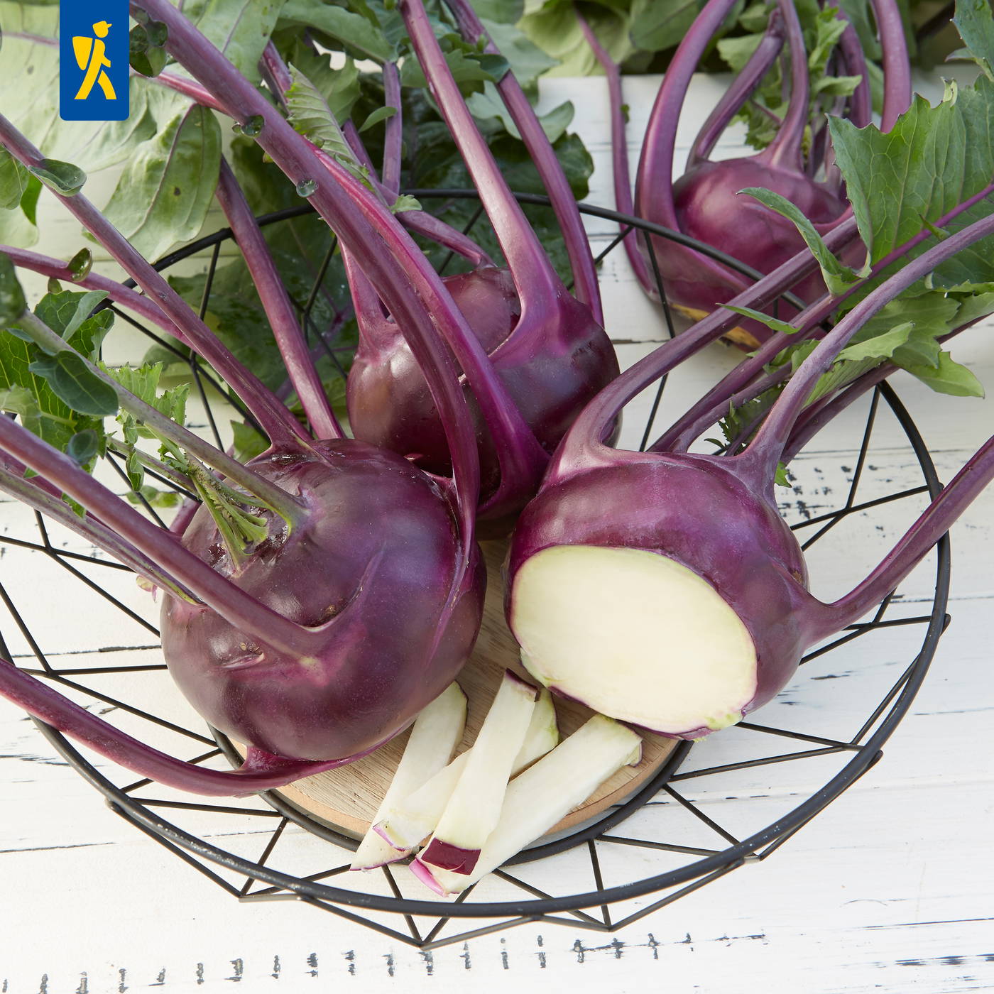 Vier große, violette Raphanusseln mit grünen Blättern in einem schwarzen Drahtkorb auf einem weißen Holzbrett.
